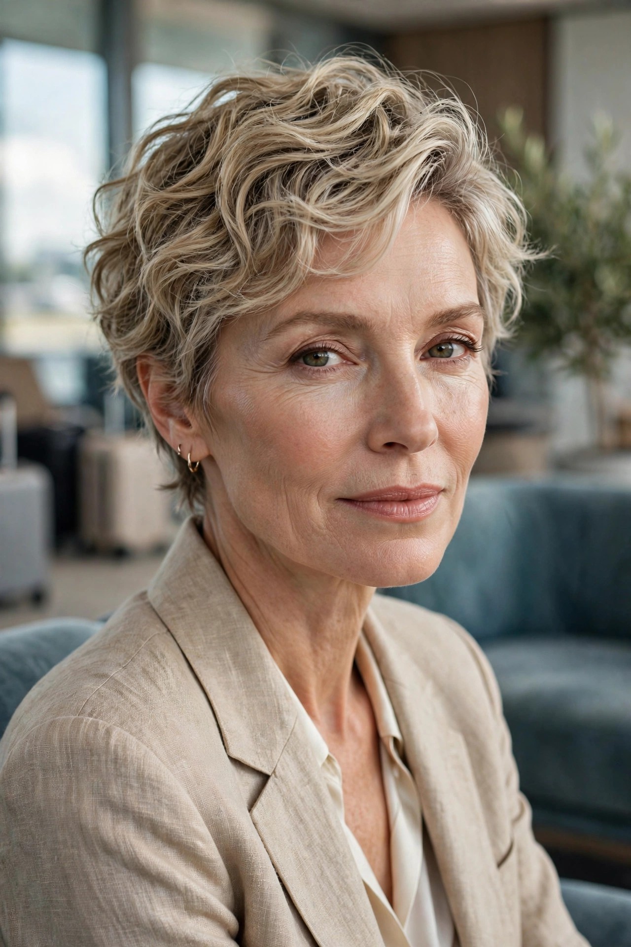 Woman in her 50s with a carry-on wave pixie
