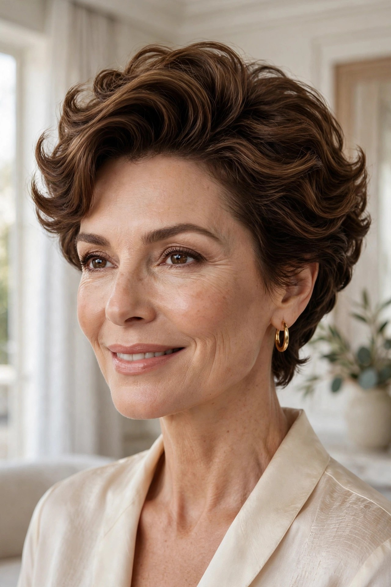 Woman in her 50s with a regal volume-crown wavy pixie