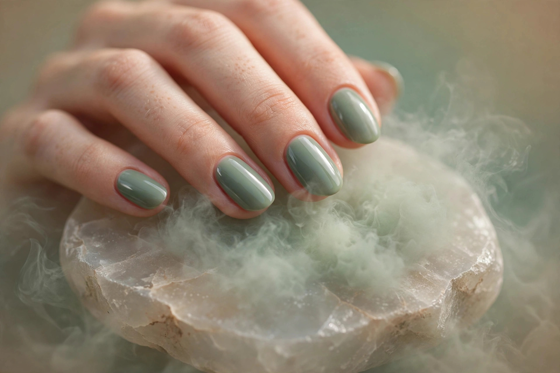 Sage green haze over sheer stone