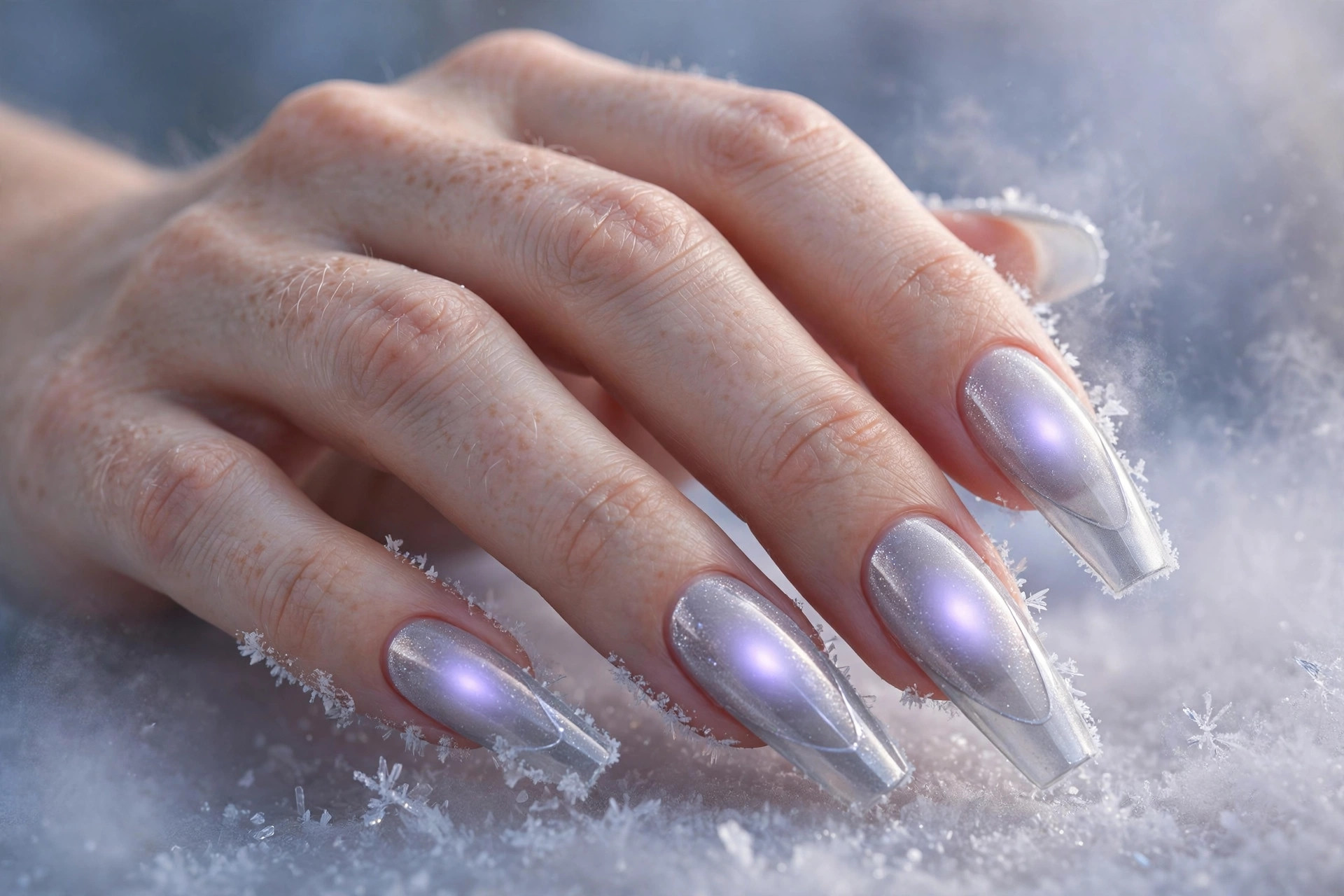 Icy lilac glow over sheer silver-gray