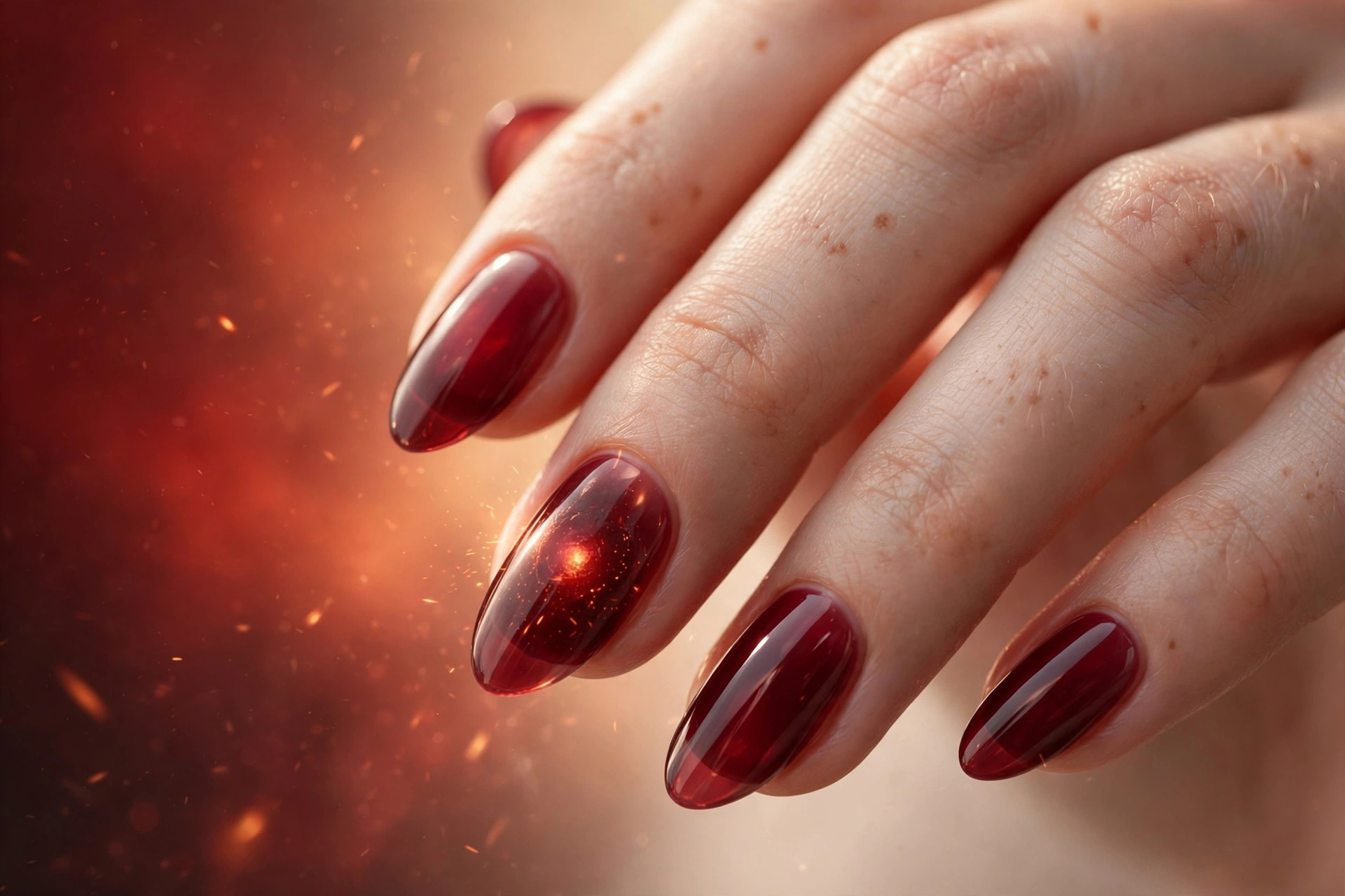 Ruby red ember glow over sheer dark red