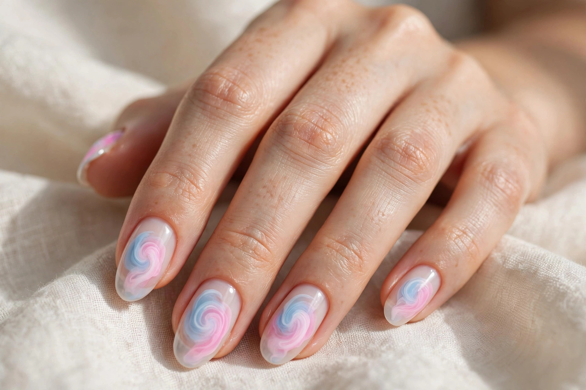Pink and blue swirled aura over sheer white