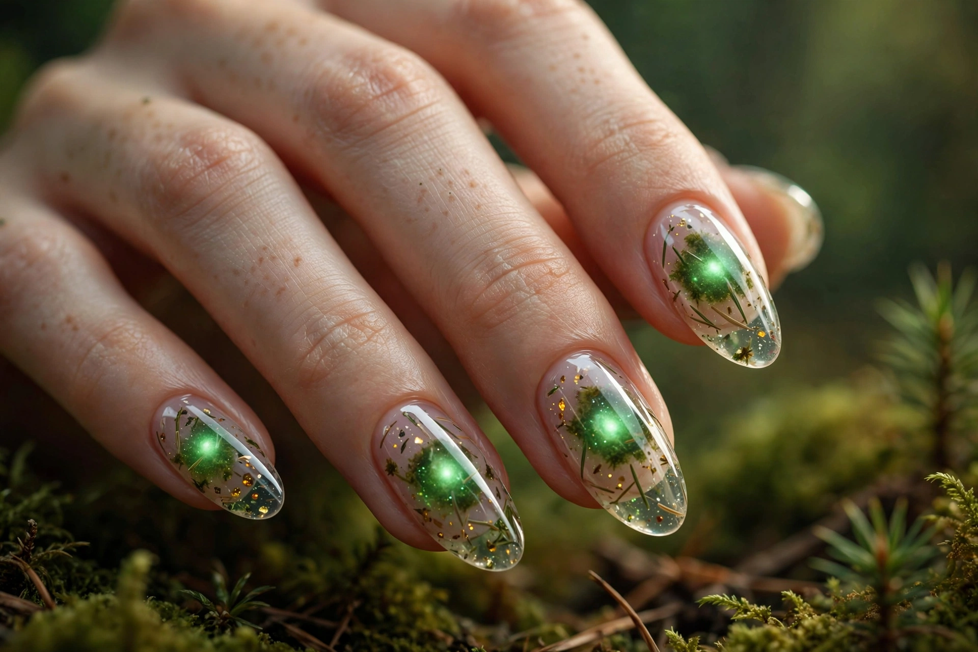 Moss green glow over sheer pine