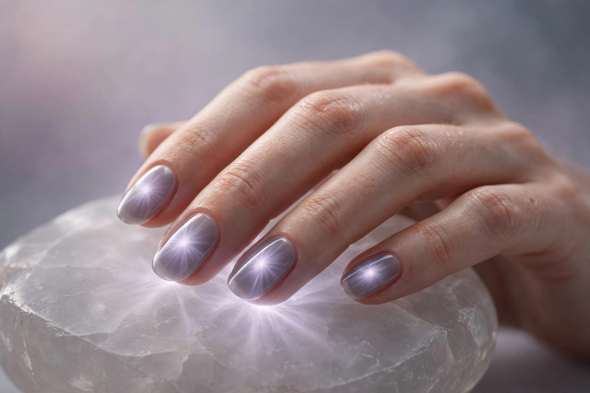 Lilac-gray glow over sheer stone