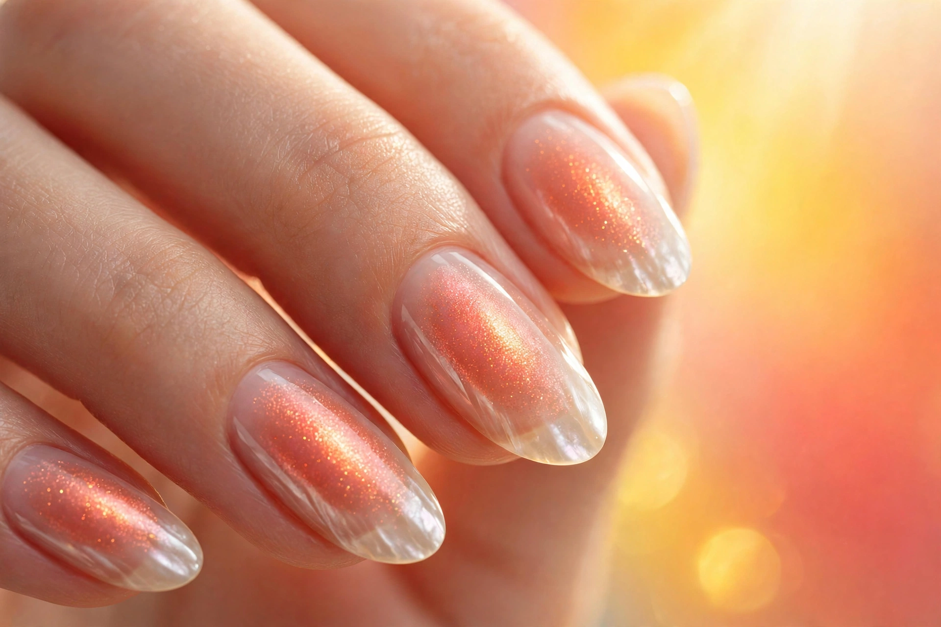 Coral shimmer glow over sheer shell