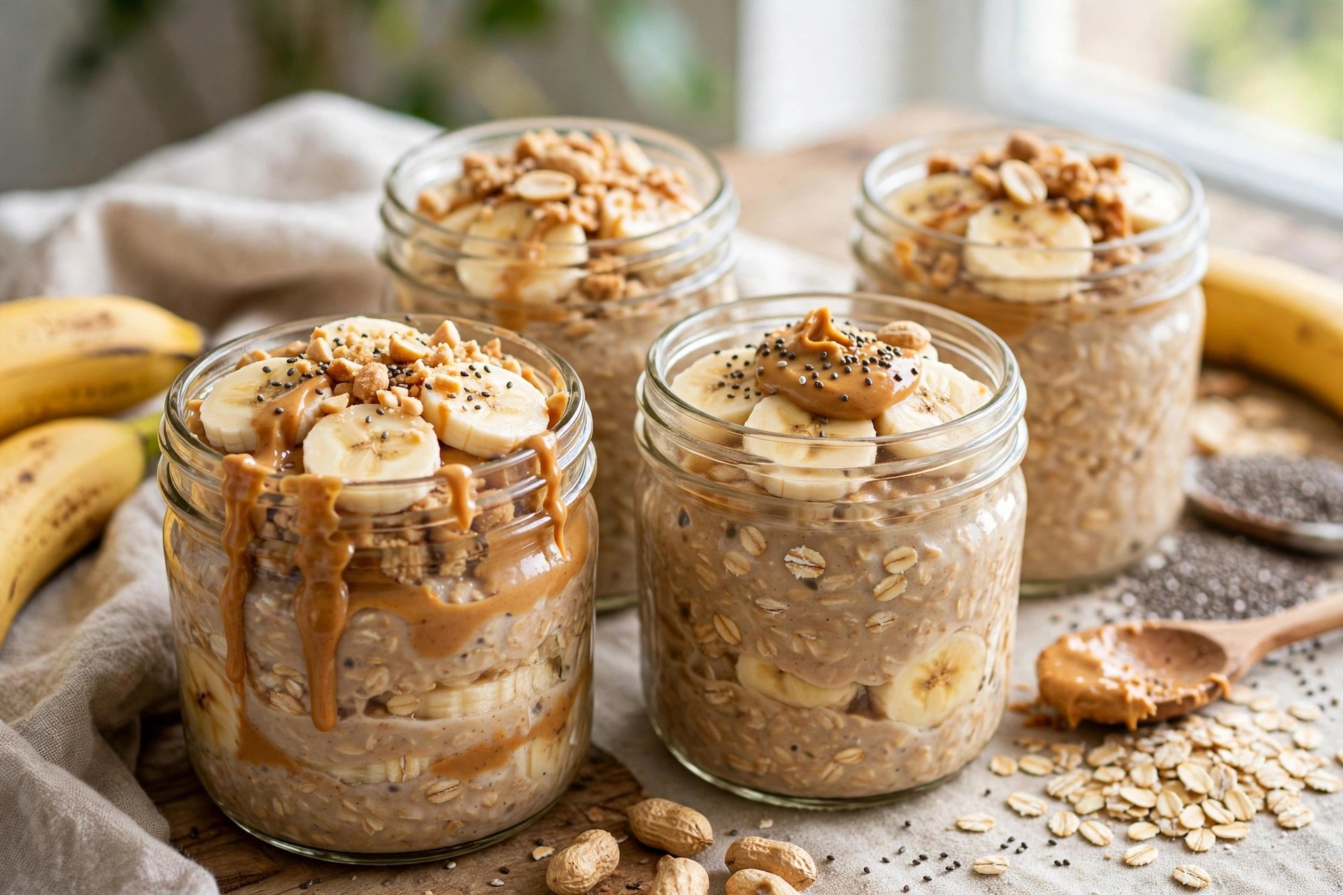 Peanut butter banana overnight oats in glass jars