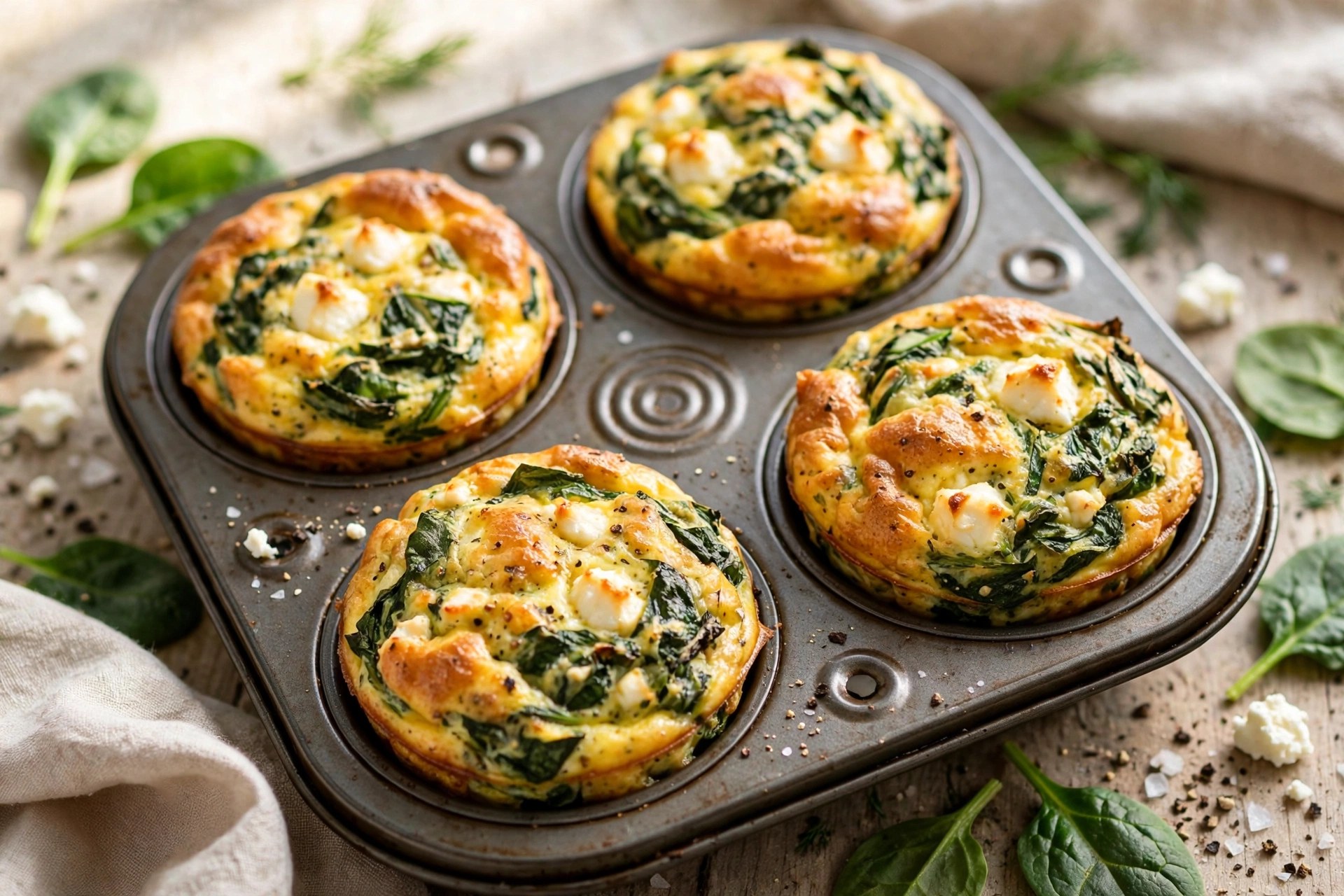 Spinach and feta egg muffins in a muffin tin
