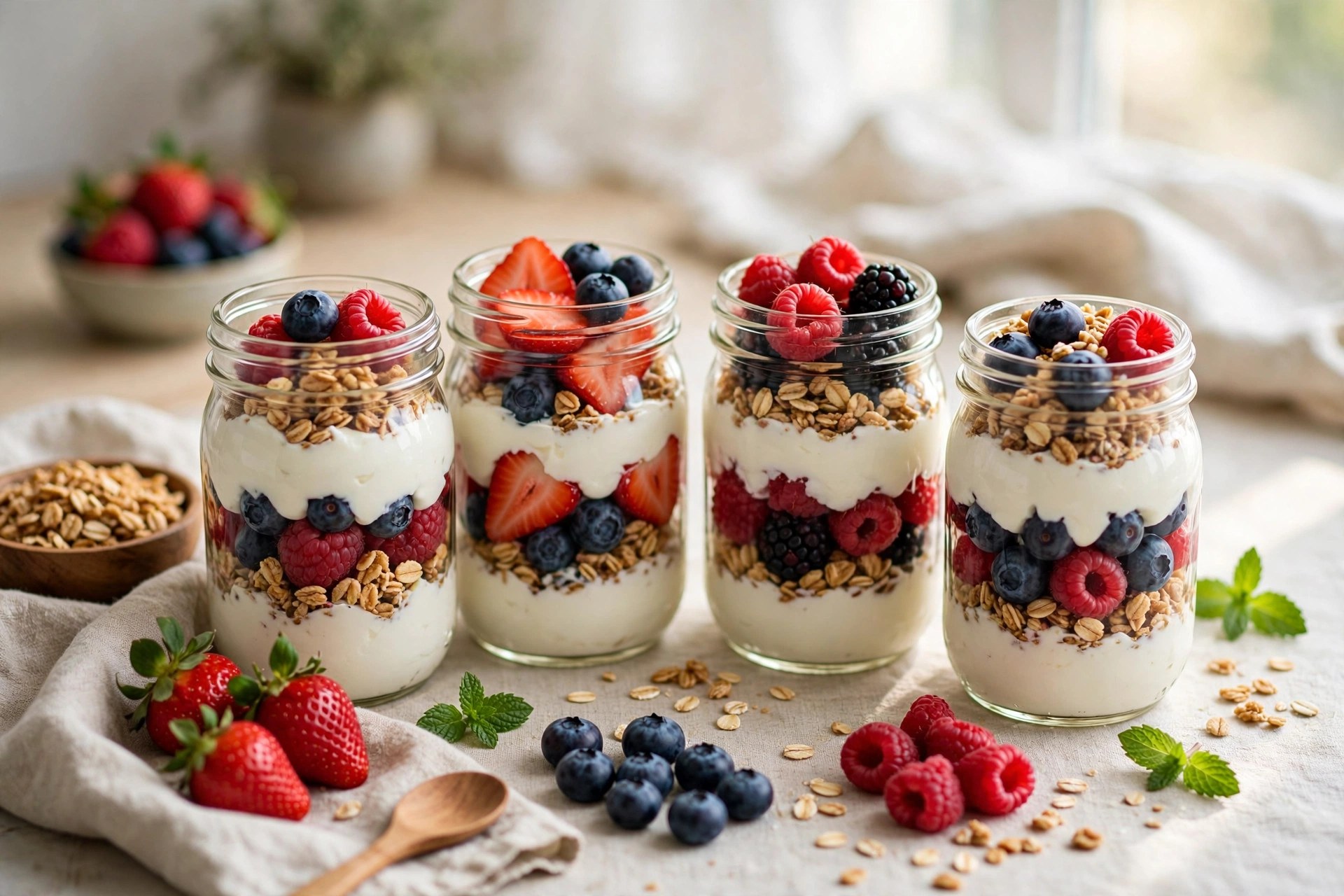 Greek yogurt parfait jars with berries and granola