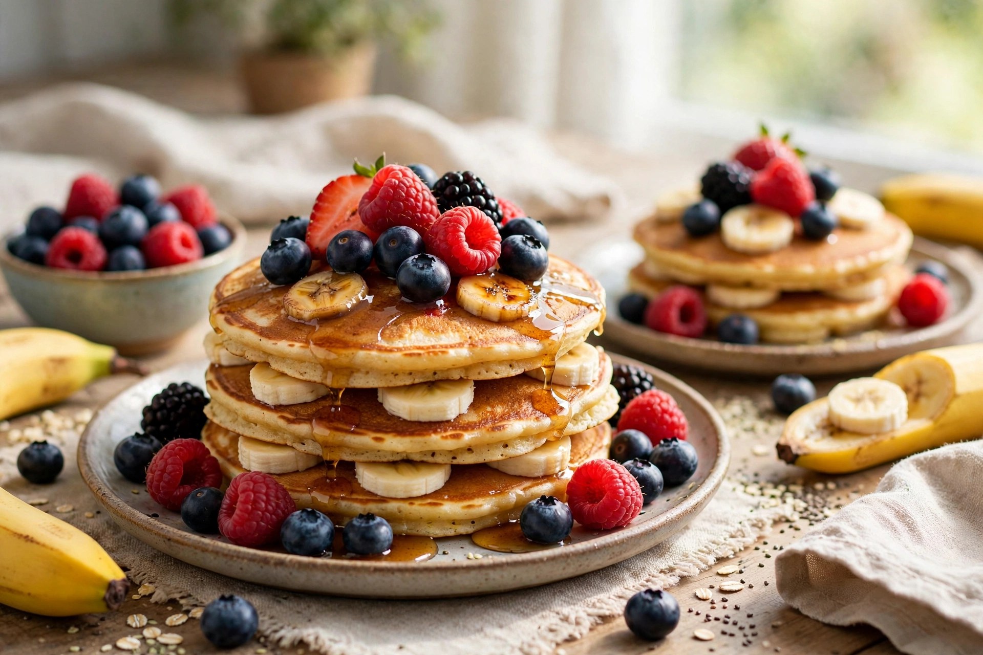 Protein banana pancakes stacked with berries