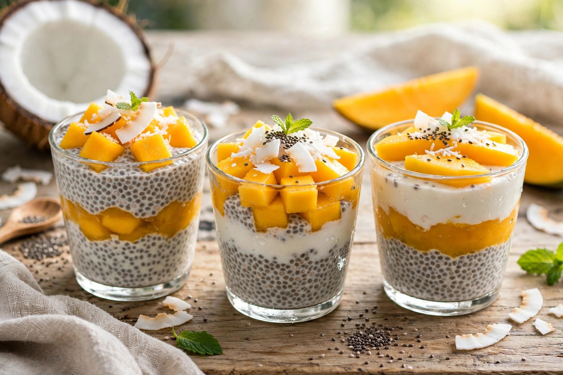 Chia seed pudding cups with mango and coconut