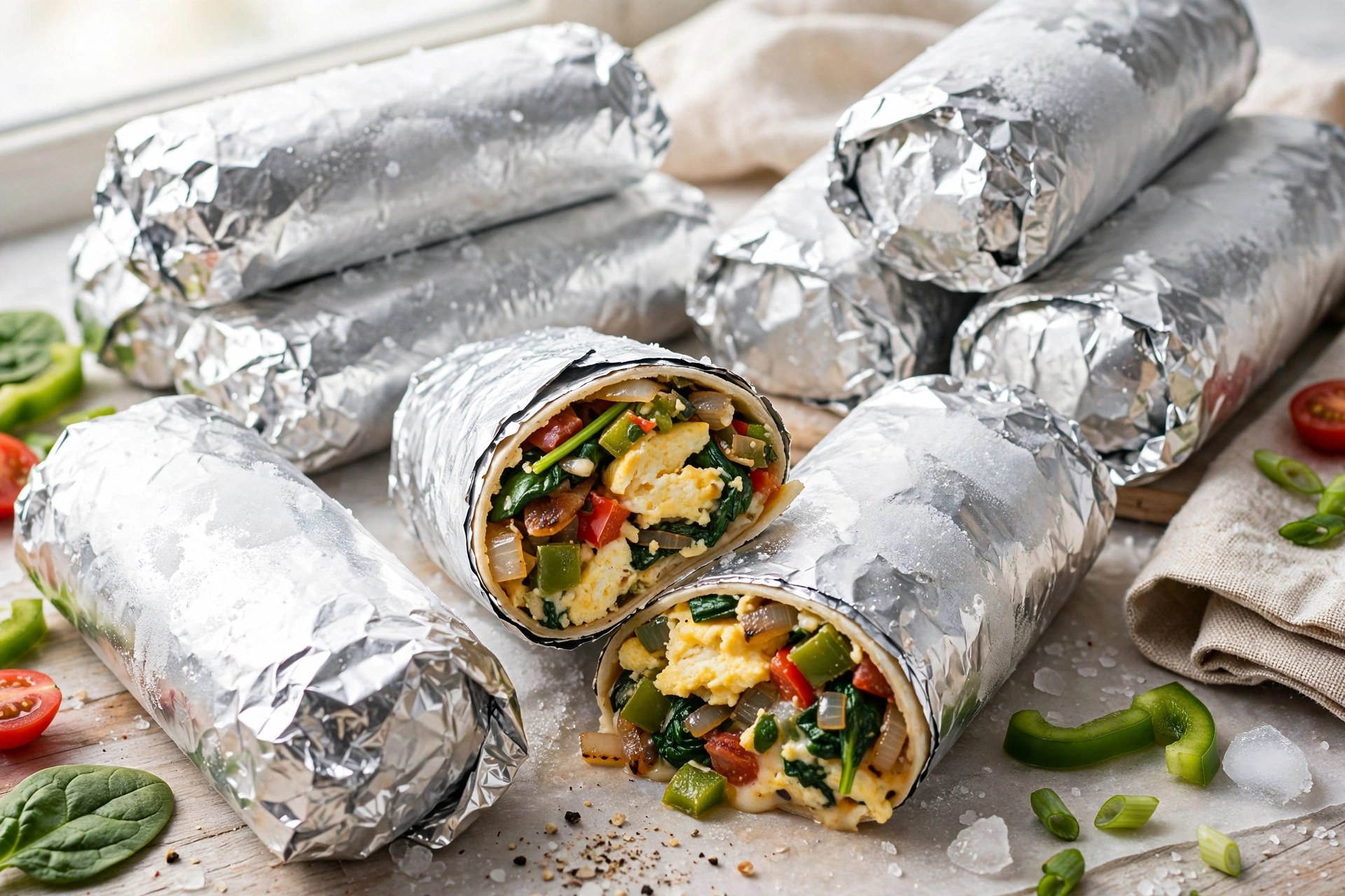 Freezer breakfast burritos wrapped in foil