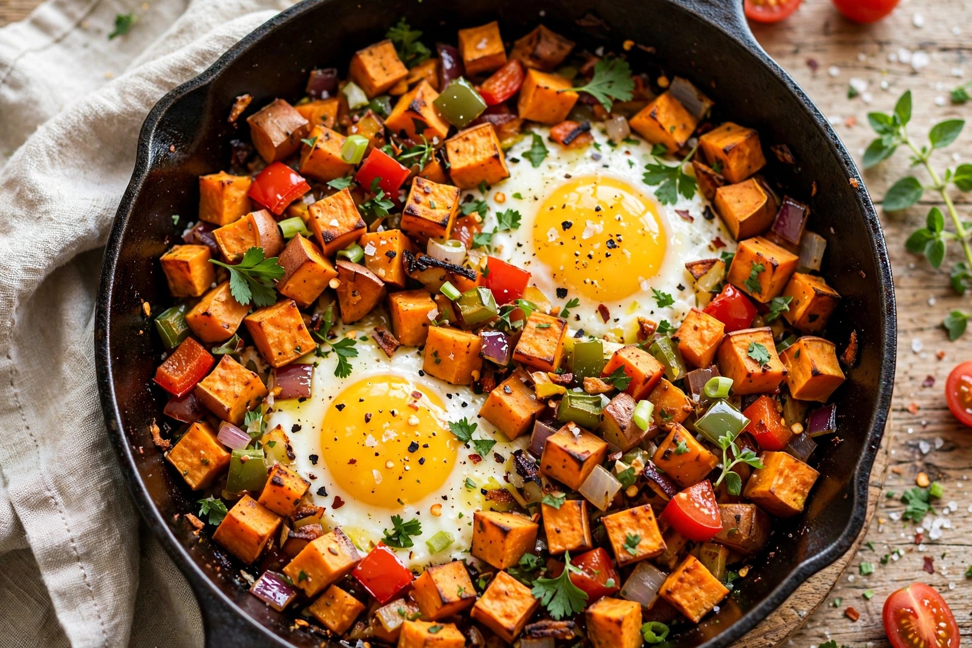 Sweet potato breakfast hash with eggs in a skillet
