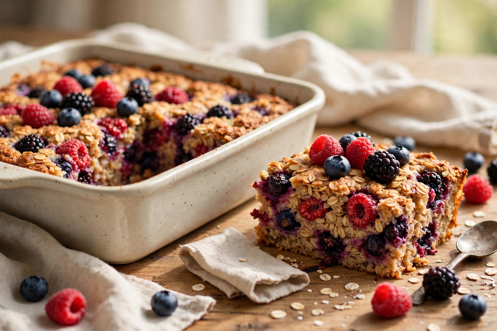 Berry oatmeal bake slice with fresh berries