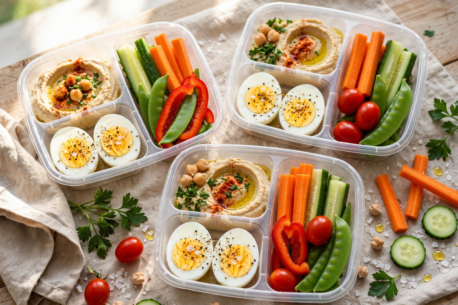 Hard-boiled egg snack packs with vegetables and hummus