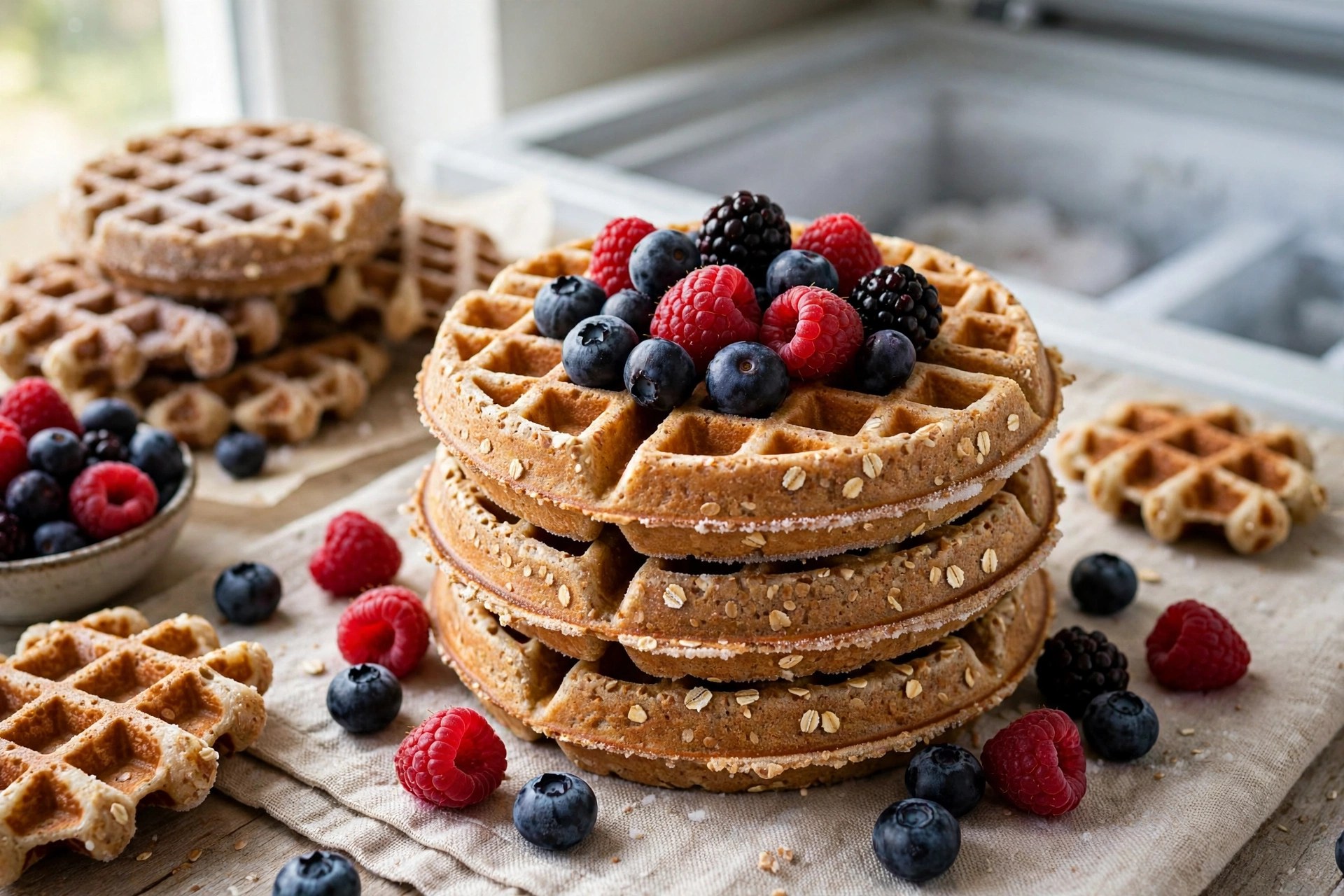 Freezer whole-grain waffles stacked with berries