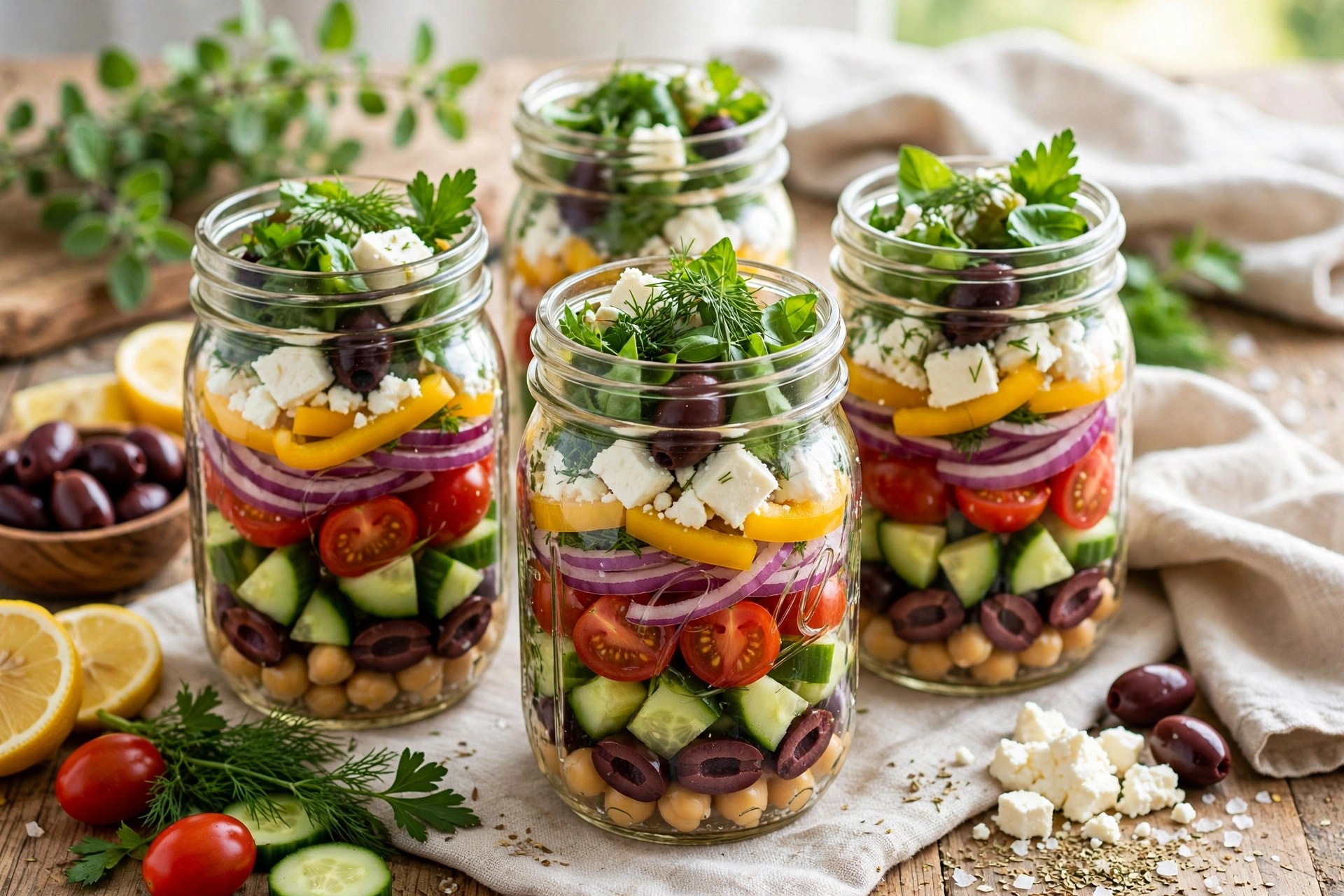 Mason jar greek salads layered with vegetables and feta