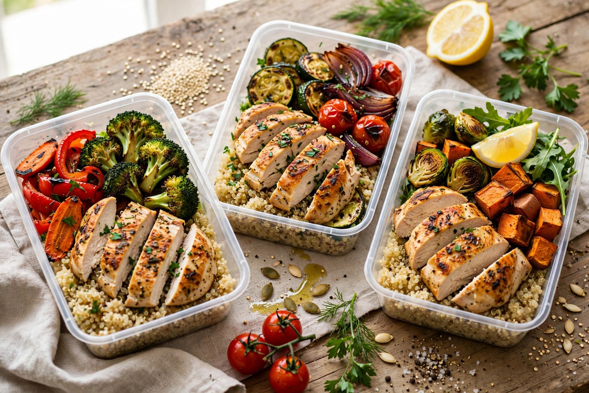 Chicken and quinoa power bowls with roasted vegetables