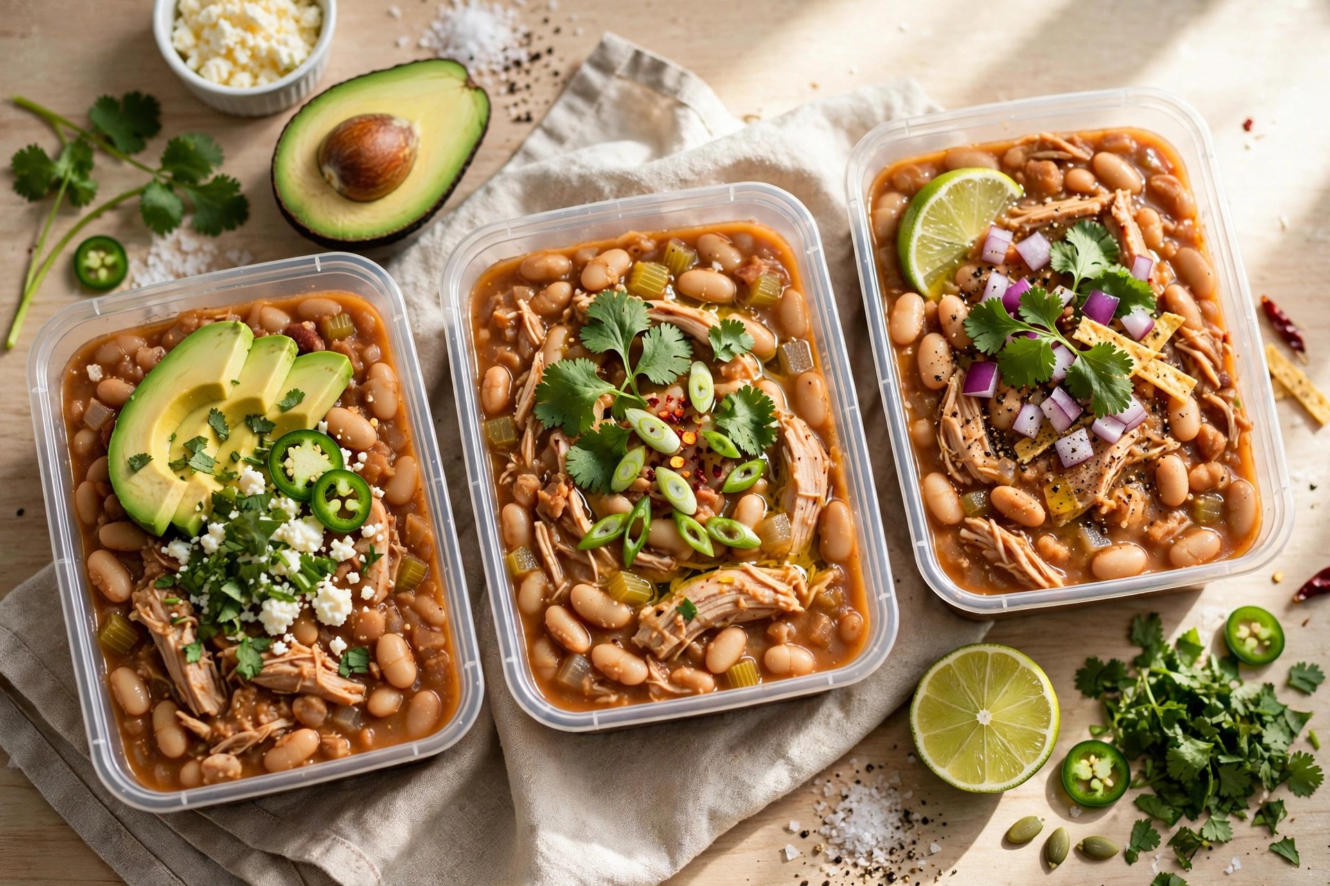 White bean turkey chili in meal prep containers