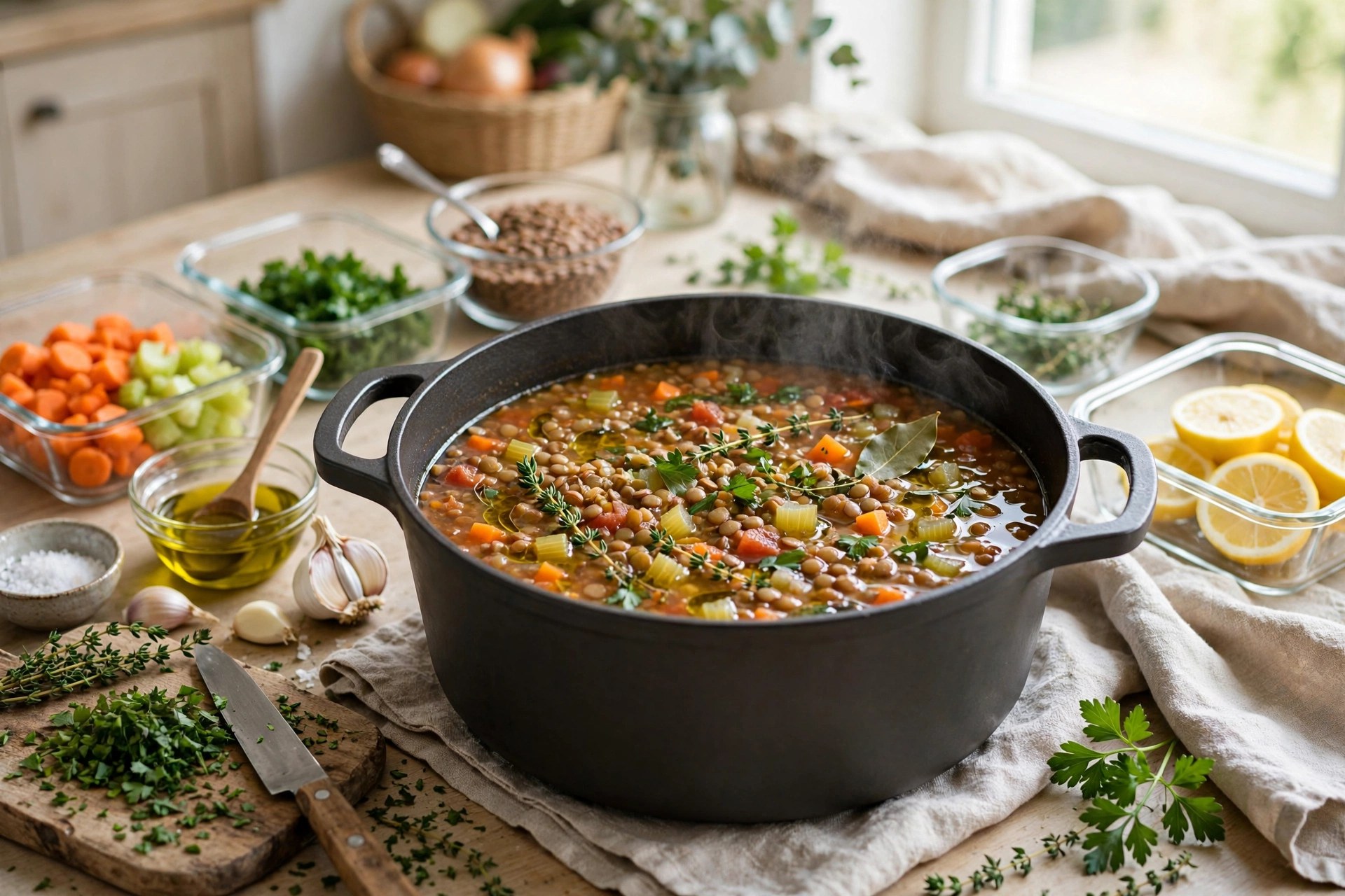 Big batch lentil soup in a pot with herbs