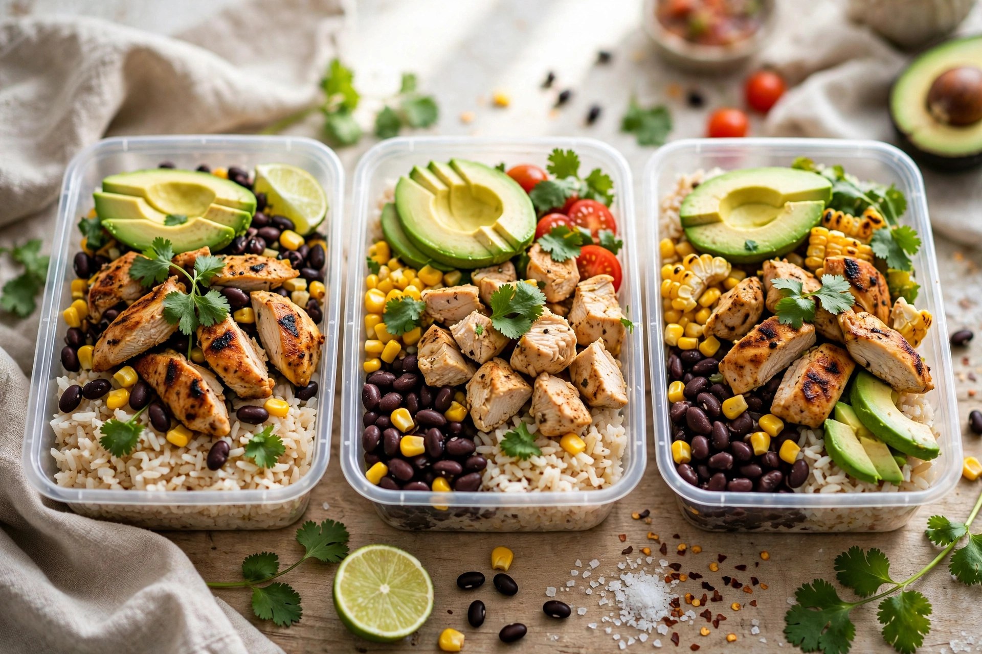Chicken burrito bowls with rice beans and avocado