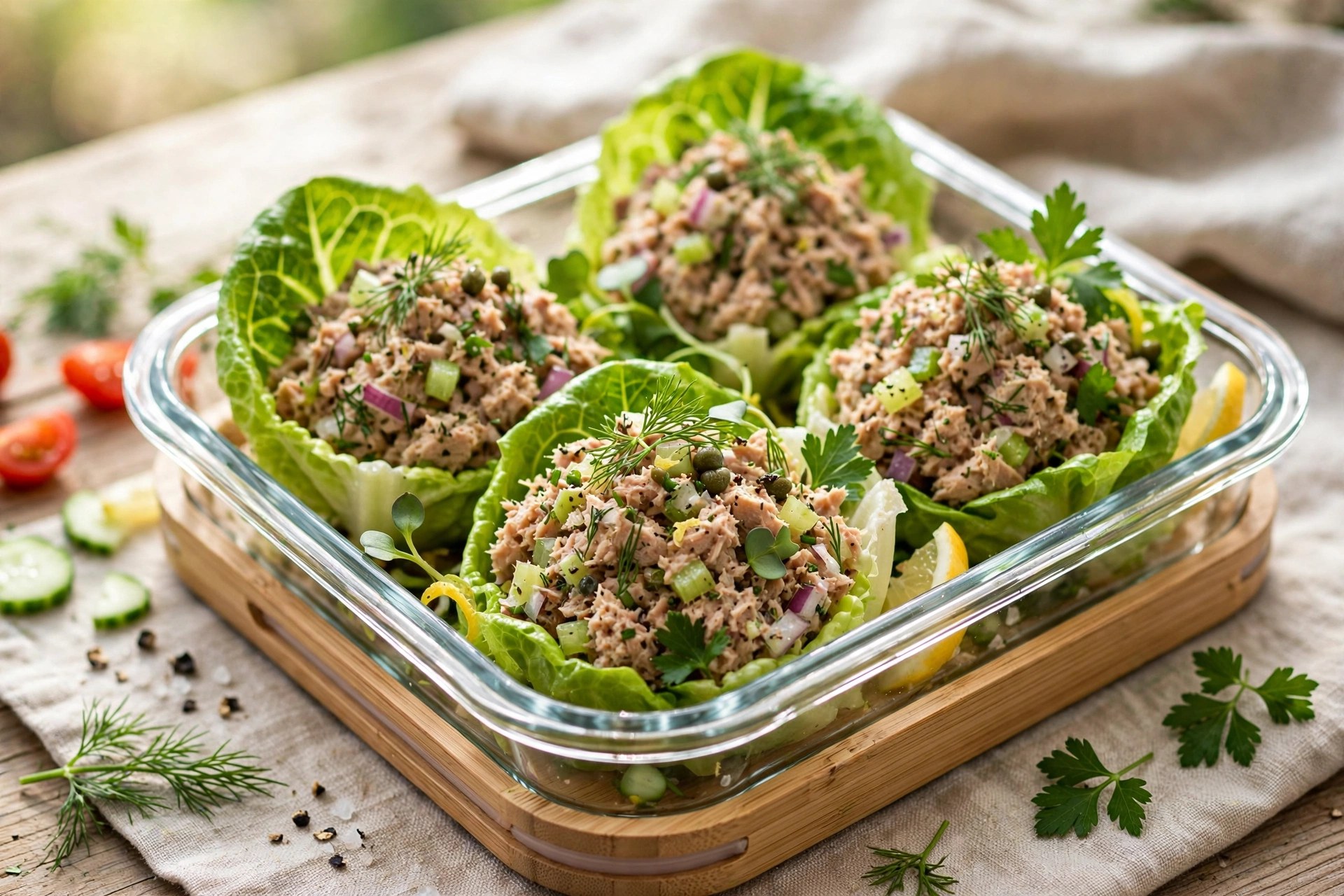 Tuna salad lettuce cups with herbs