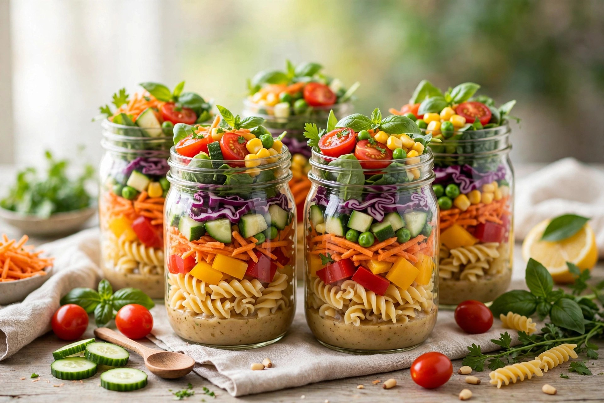 Veggie pasta salad jars with colorful vegetables