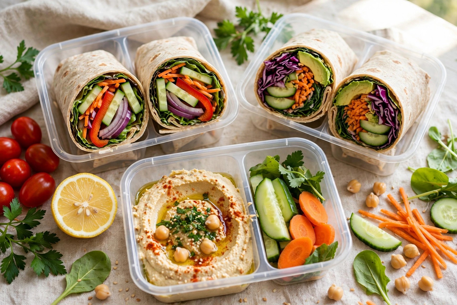 Hummus and veggie wraps cut in half