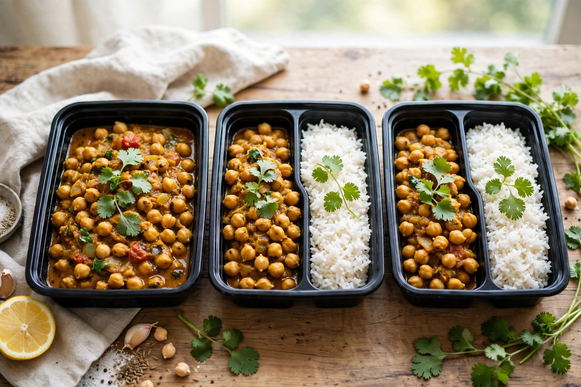 Chickpea curry with rice in meal prep containers