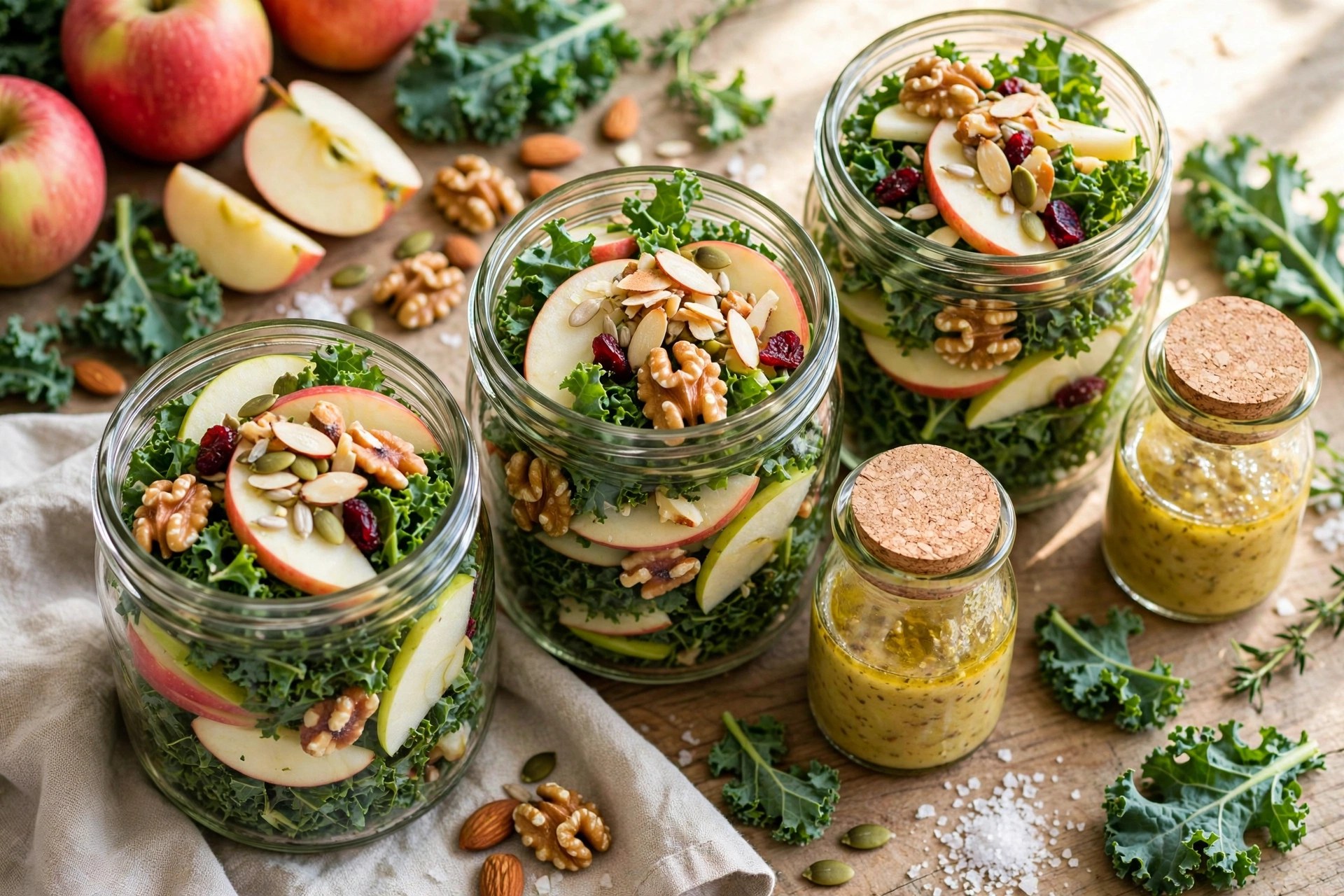Kale and apple salad kits with nuts in jars