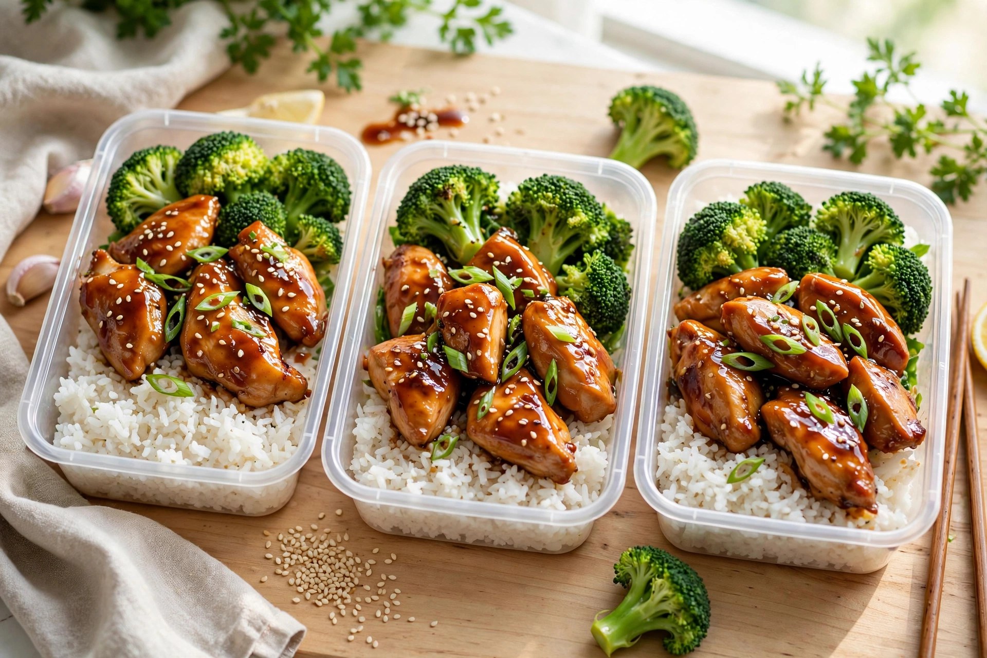 Teriyaki chicken and broccoli bowls with rice