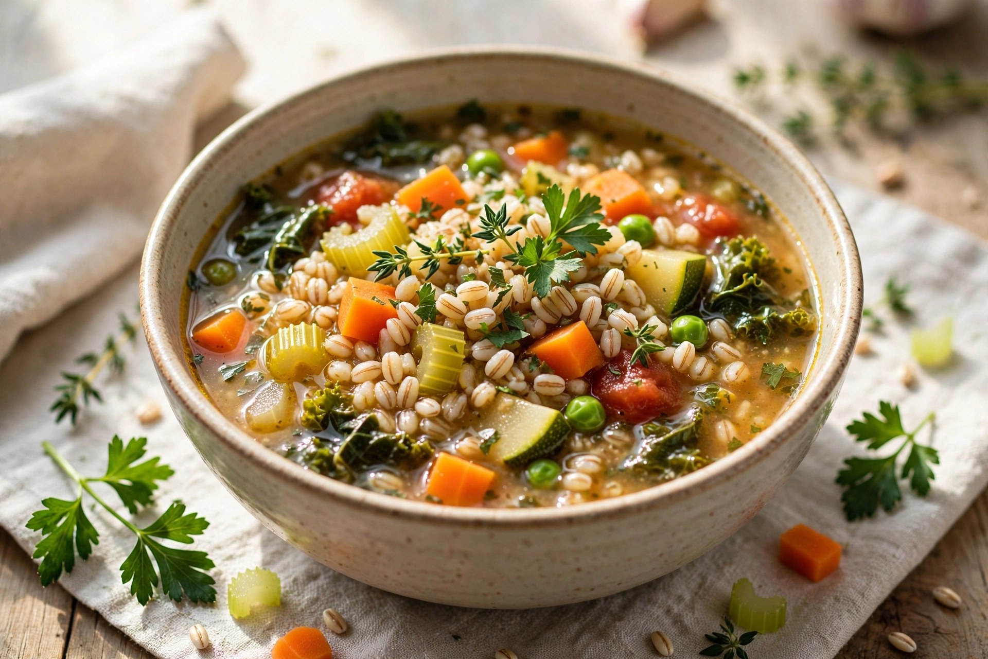 Vegetable barley soup with herbs