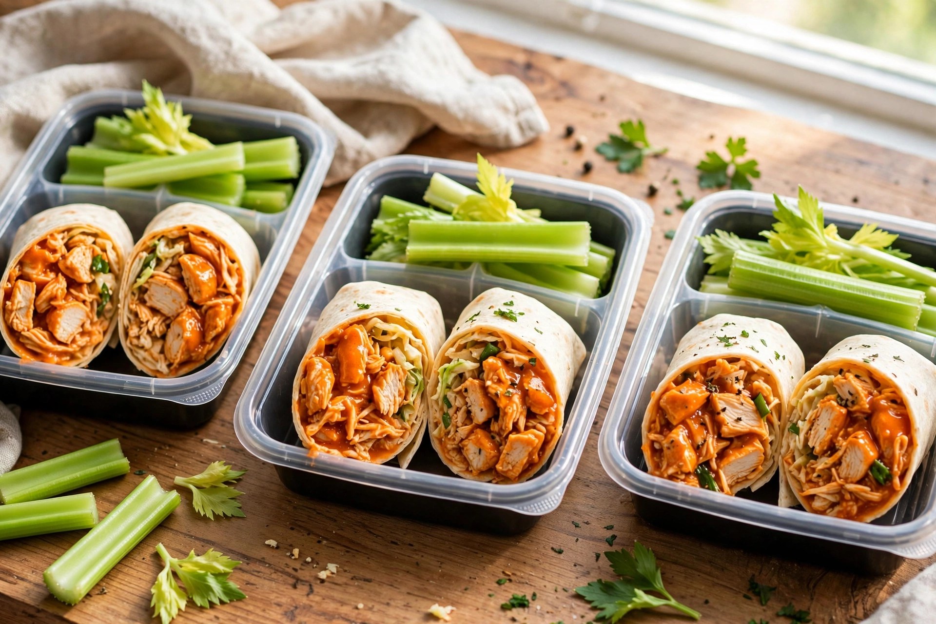 Buffalo chicken wraps cut in half with celery