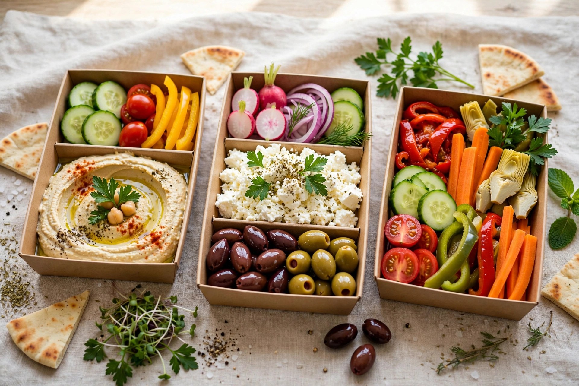 Mediterranean mezze boxes with hummus and olives