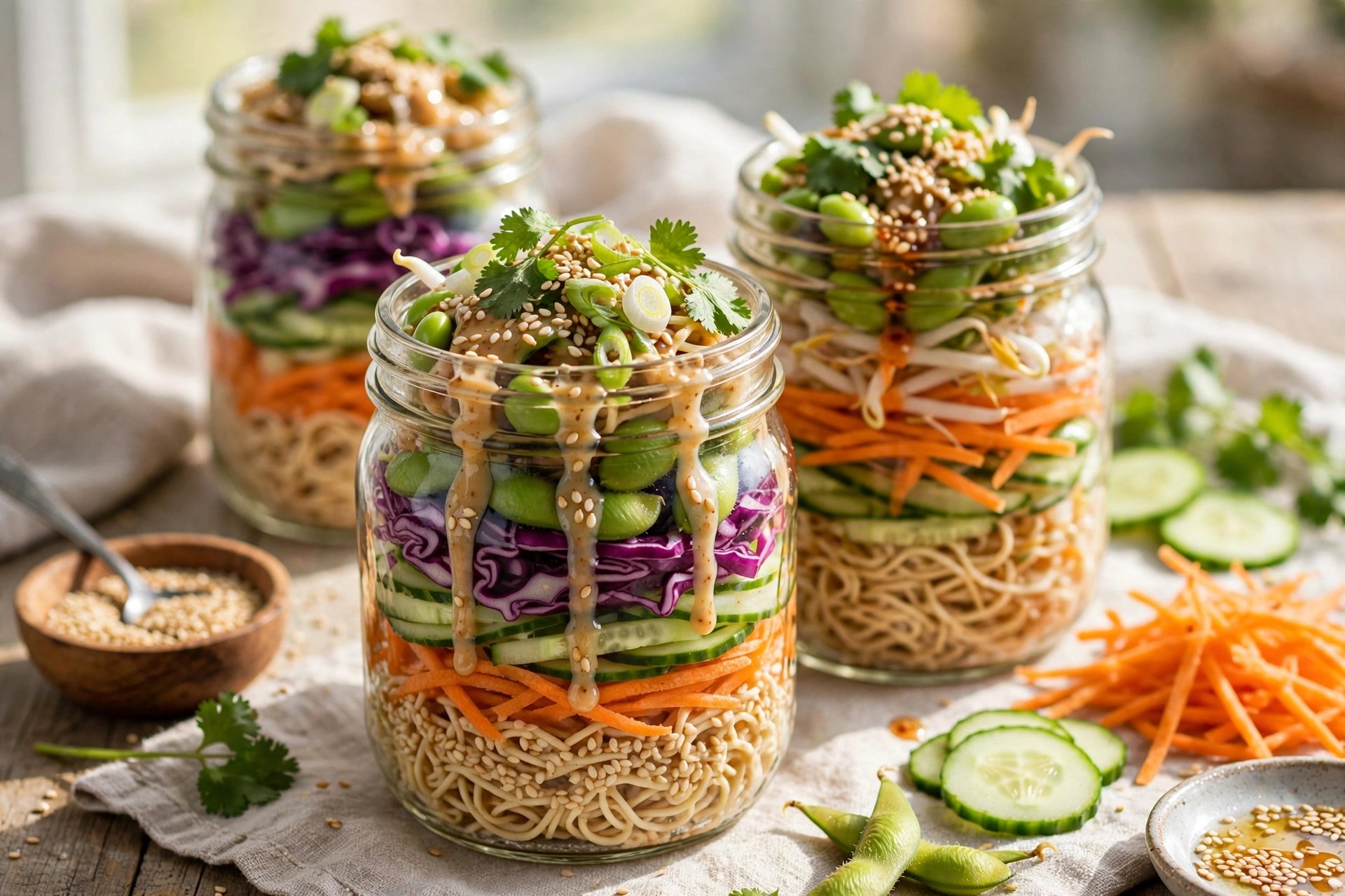 Cold sesame noodle jars with vegetables