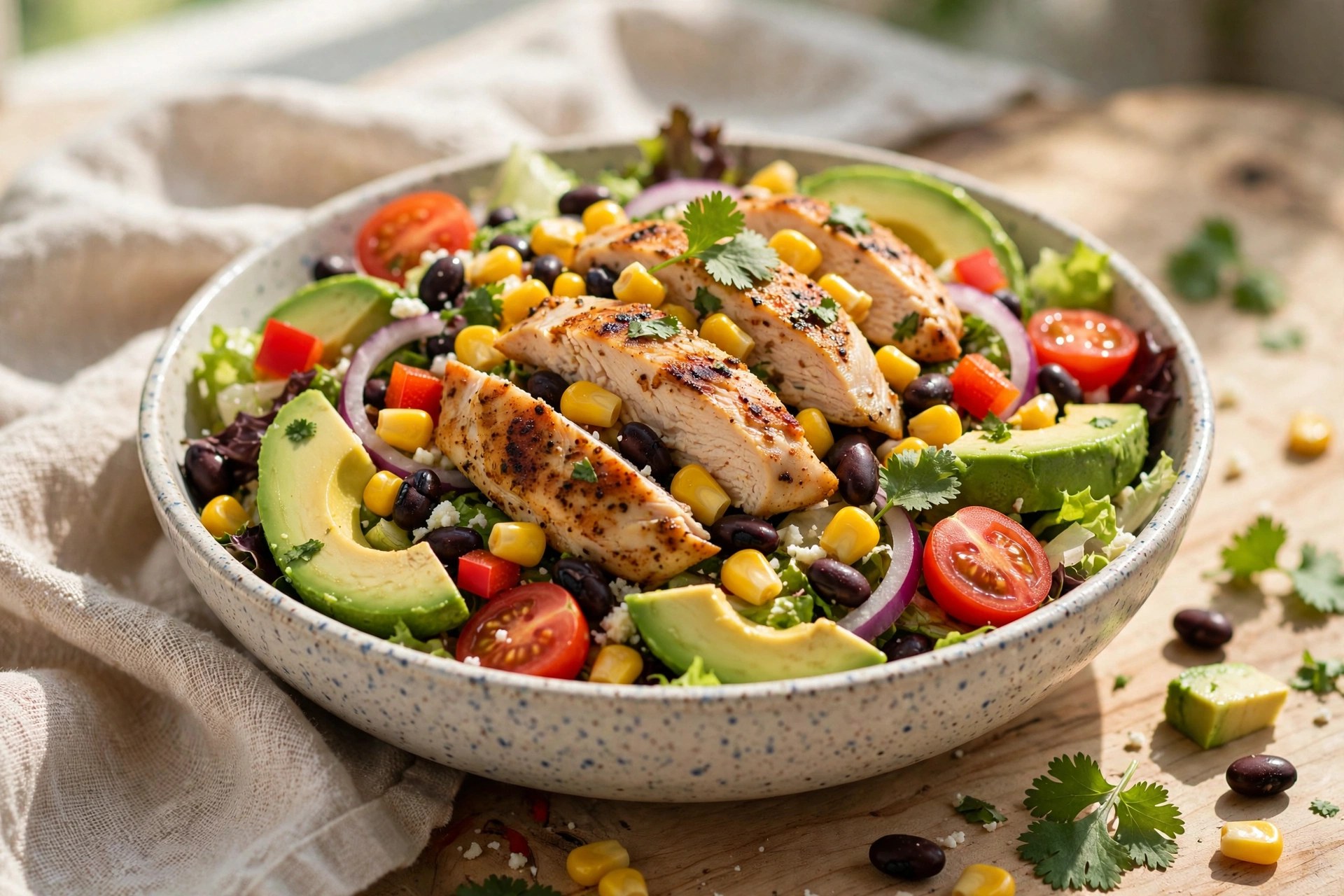 Southwest chicken salad with corn and avocado