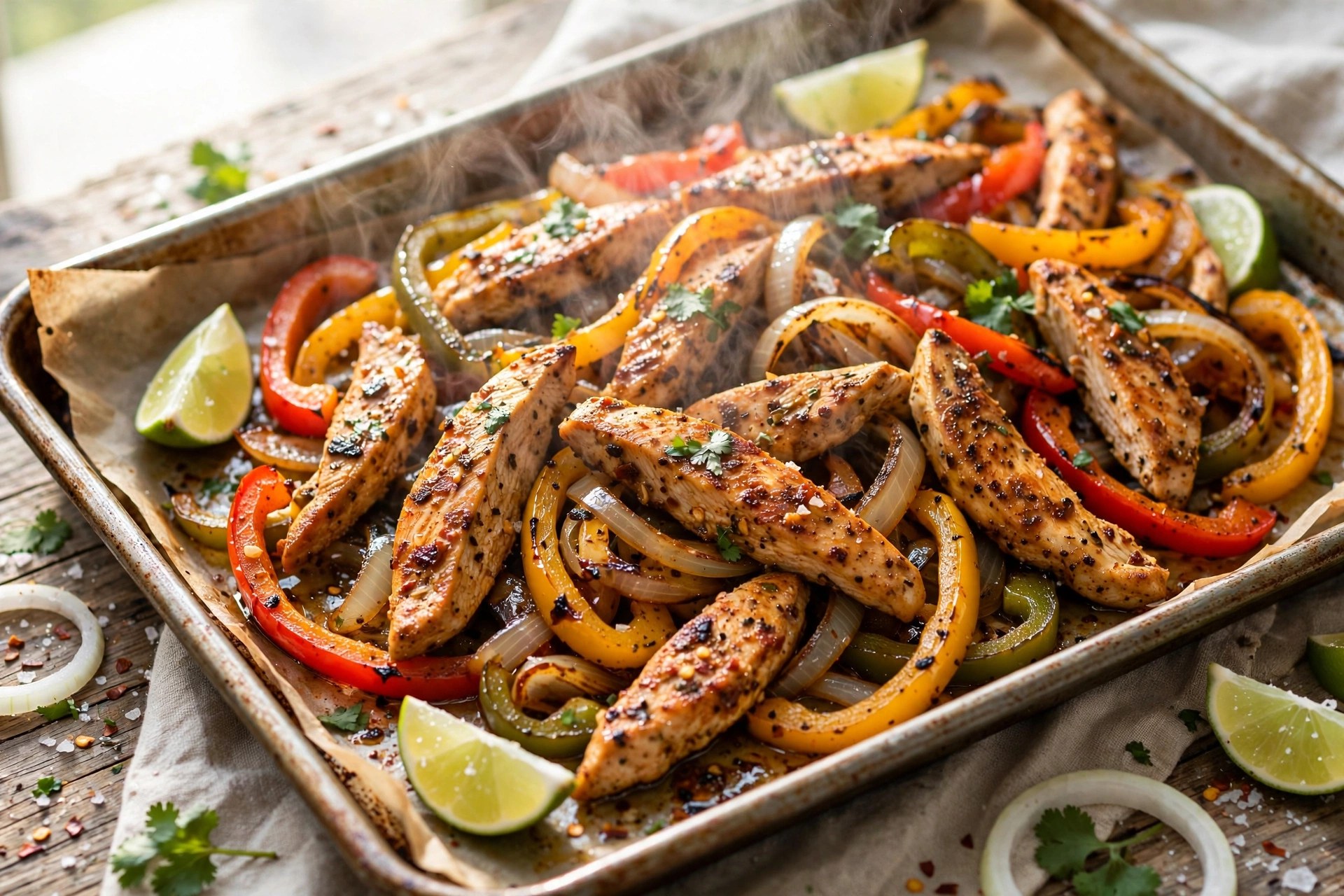 Sheet pan chicken fajitas with peppers and onions