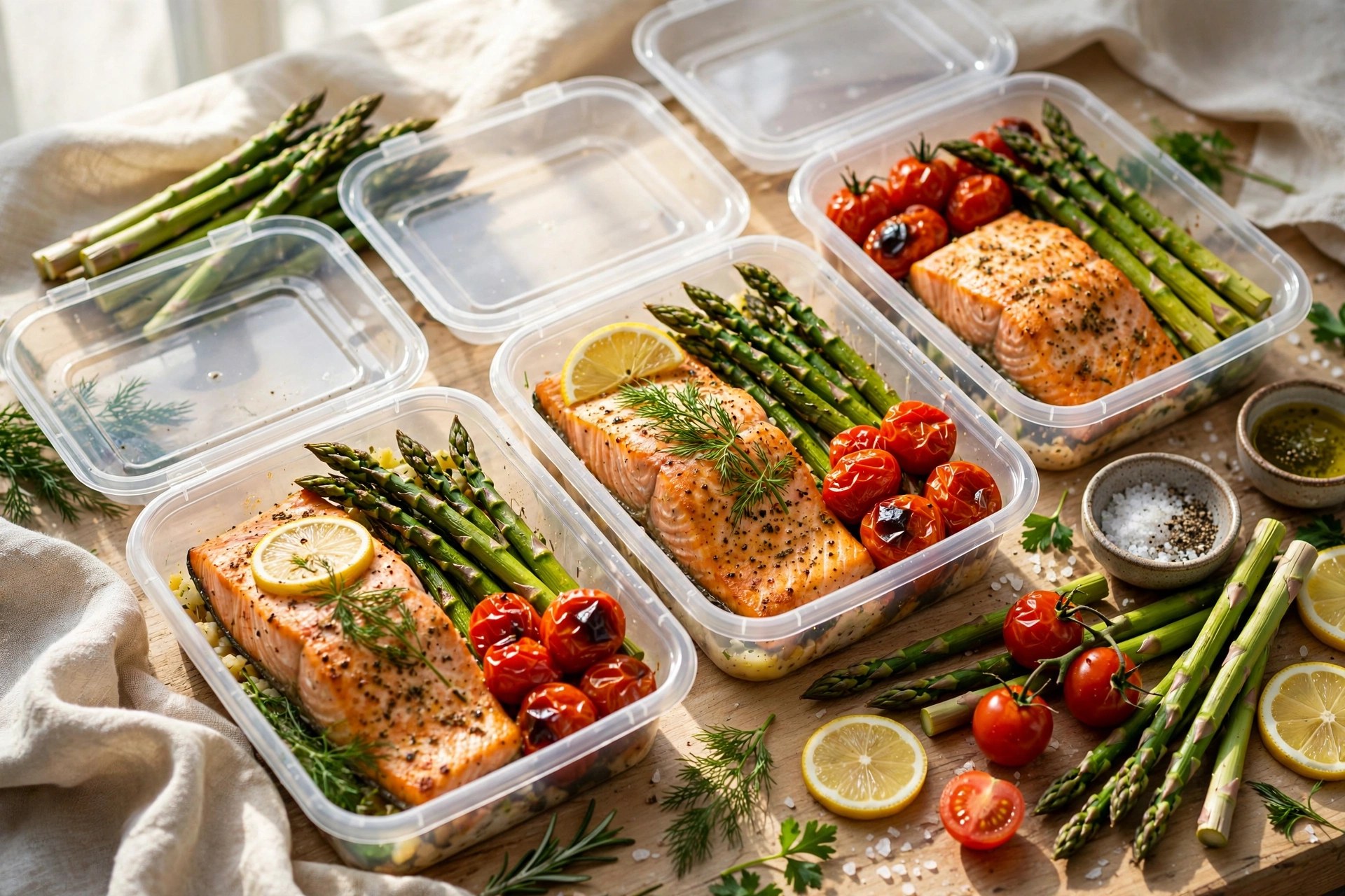 Baked salmon and veggie trays in meal prep containers