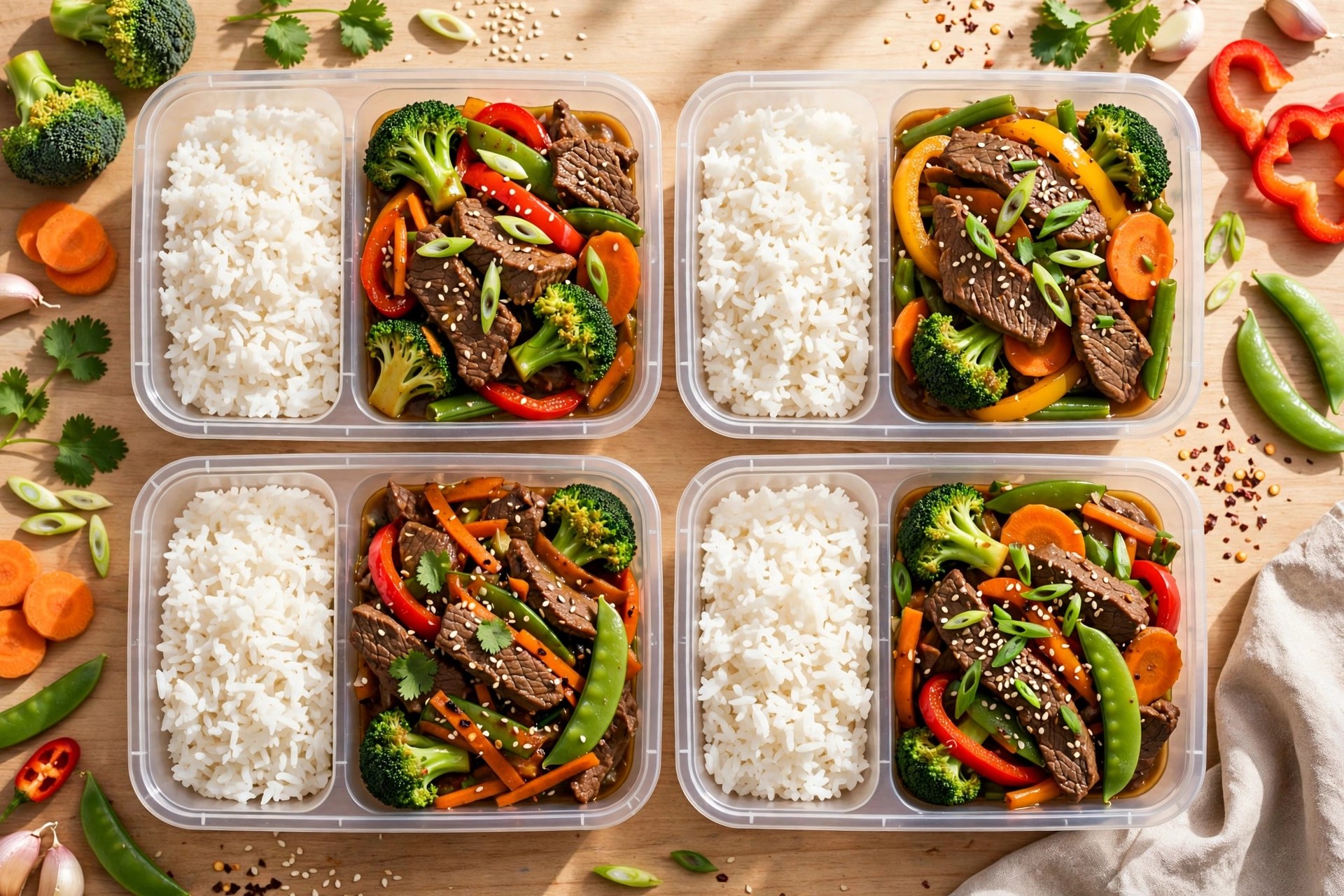 Beef and vegetable stir-fry packs with rice