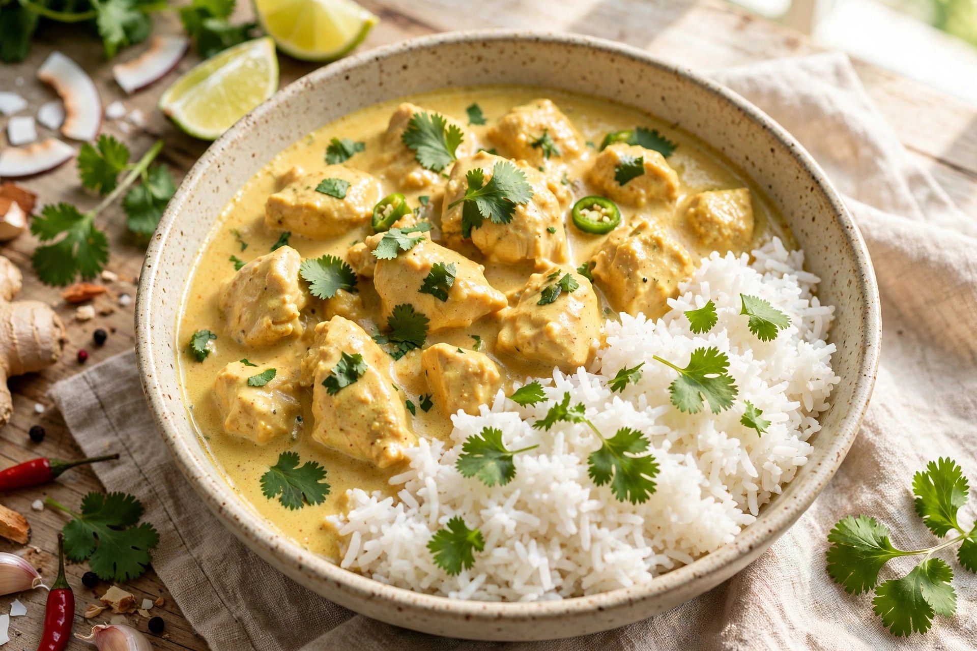 Coconut chicken curry with rice and cilantro
