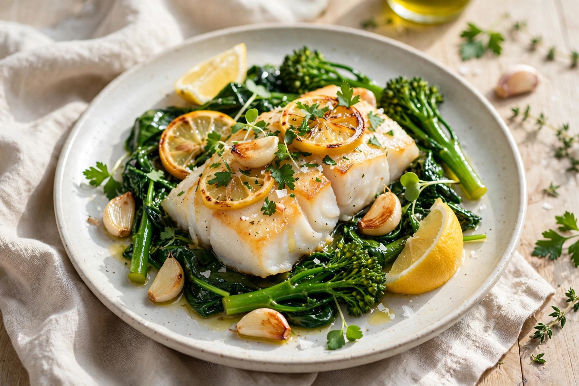 Lemon garlic cod with greens