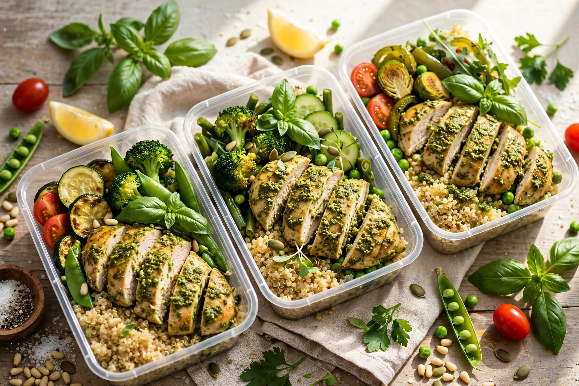 Pesto chicken and veggie bowls with quinoa