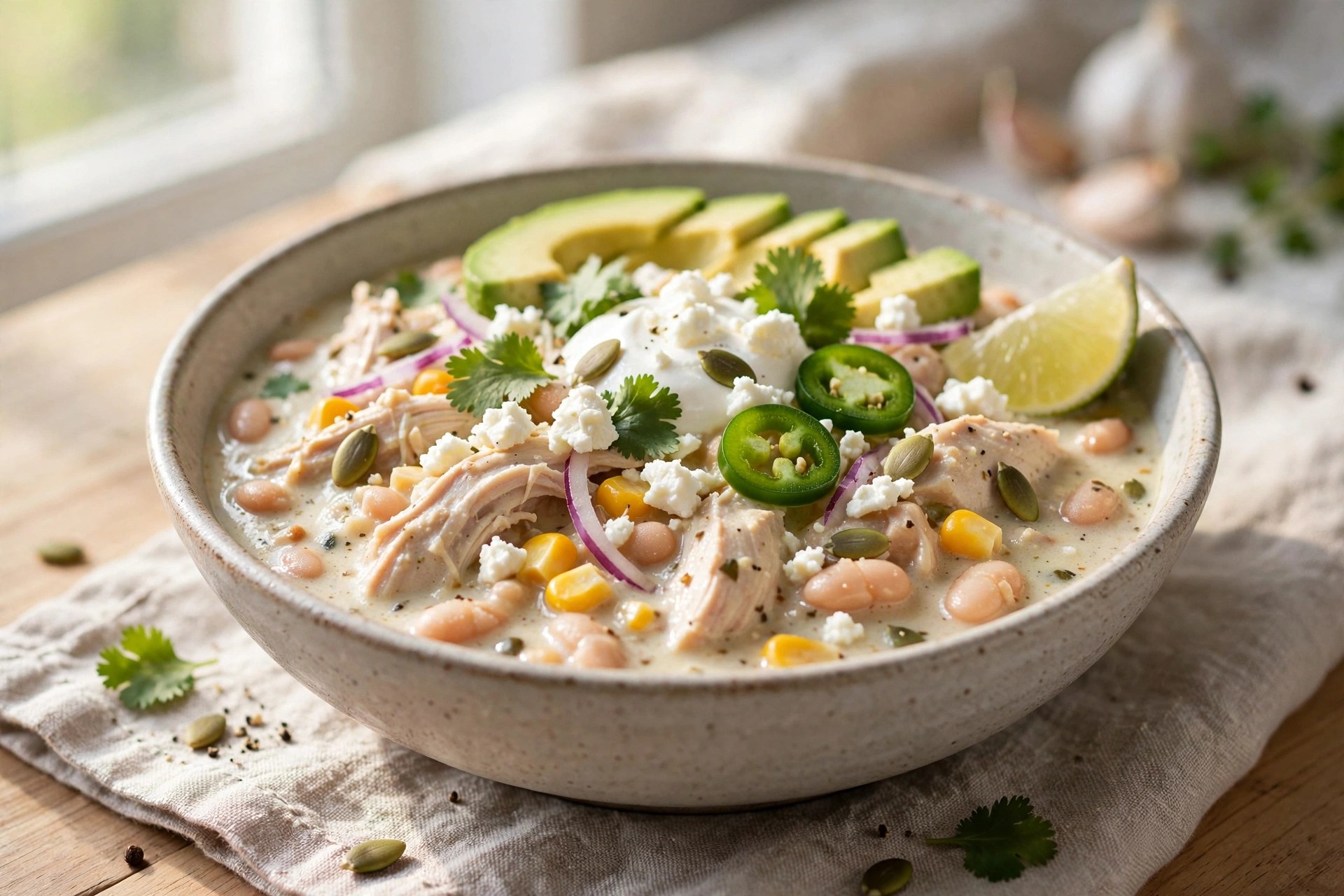 White chicken chili with toppings