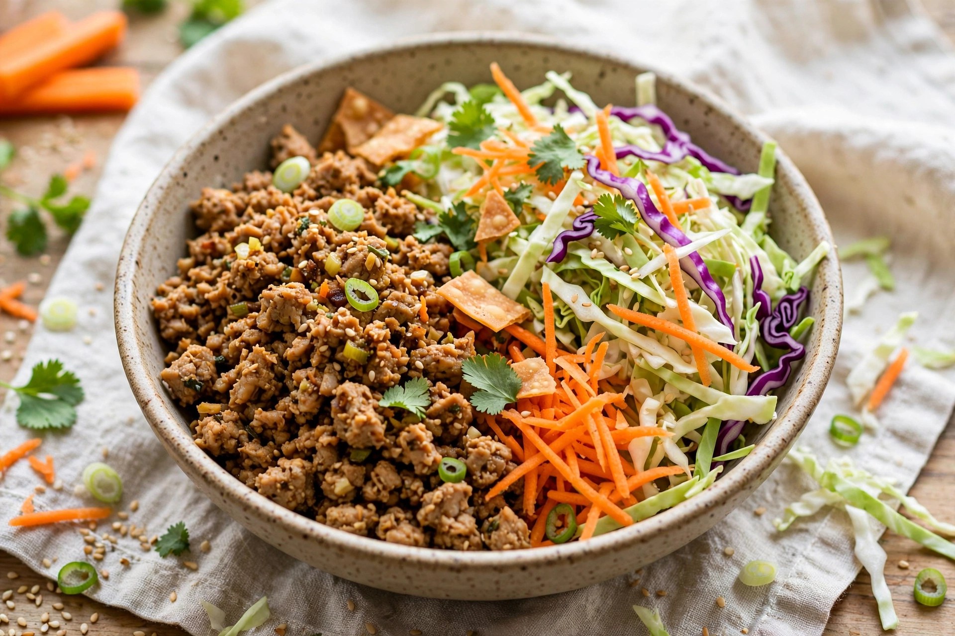 Egg roll in a bowl with turkey cabbage and carrots