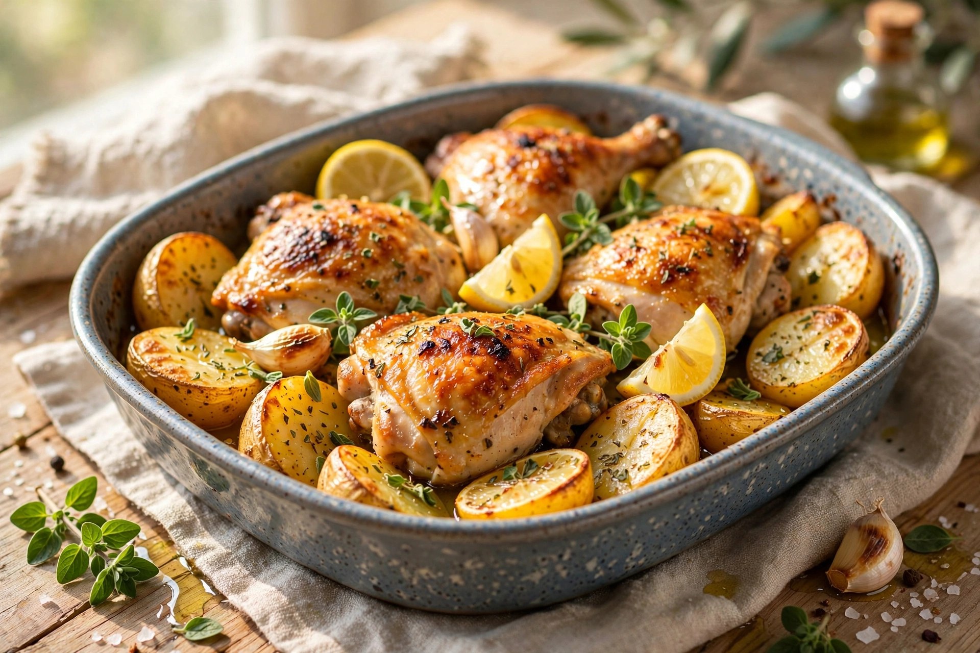 Greek lemon chicken and potatoes with oregano