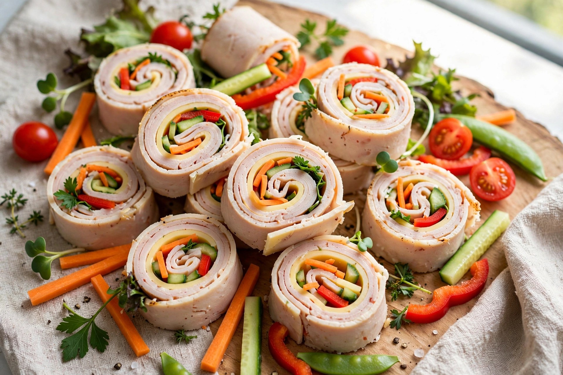 Turkey and cheese roll-ups with vegetables