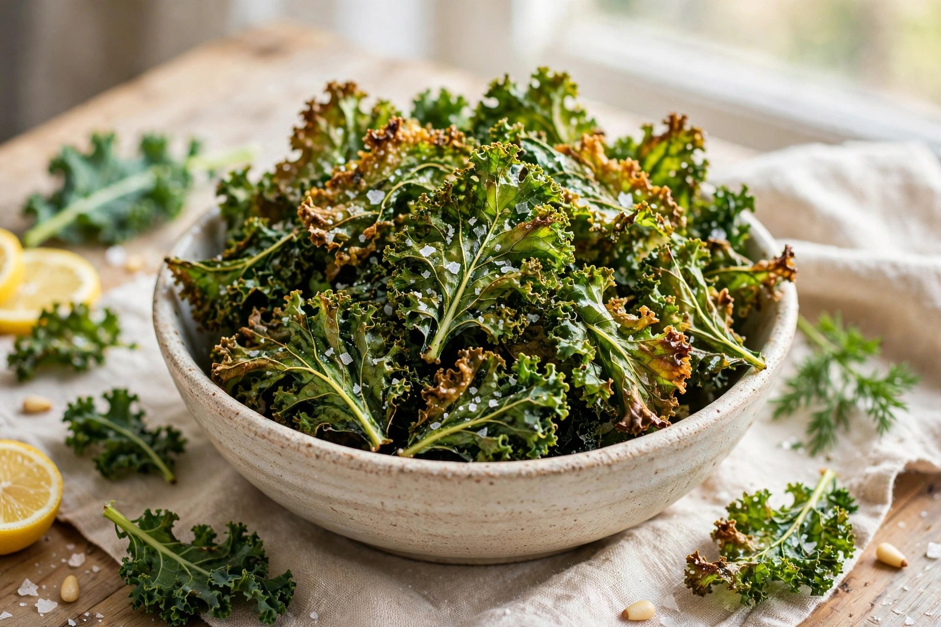 Baked kale chips crispy green