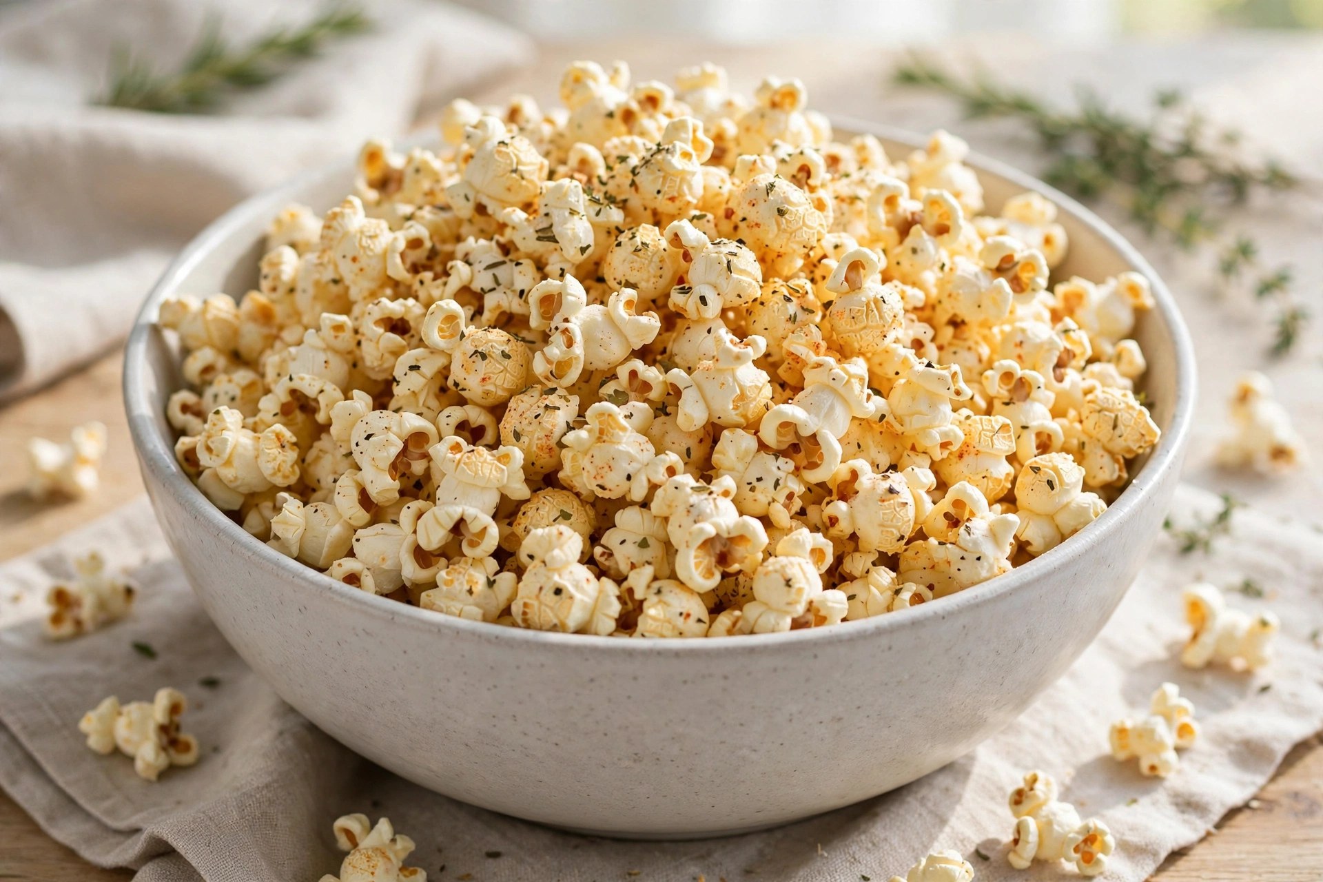 Seasoned air-popped popcorn in a bowl