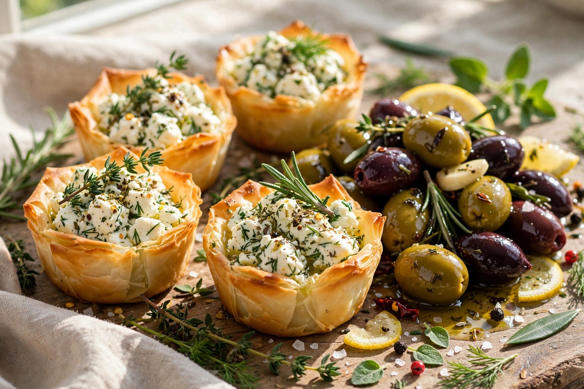 Marinated olives and feta cups with herbs