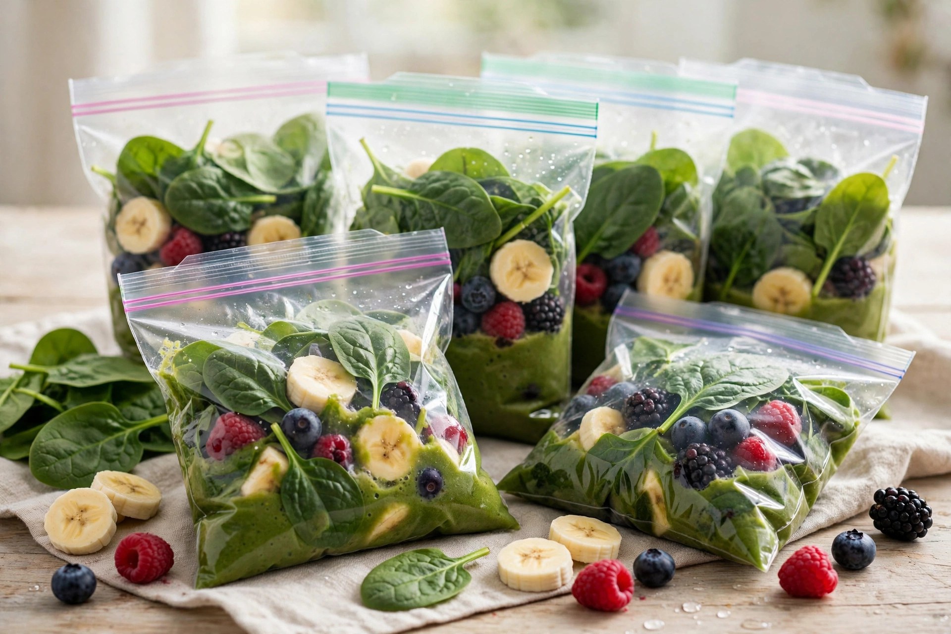 Green smoothie freezer packs with spinach and fruit
