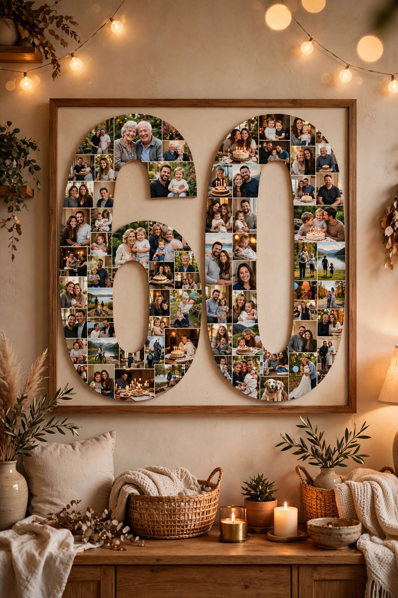 Large photo collage shaped as number 60 with family pictures, milestone birthday gift